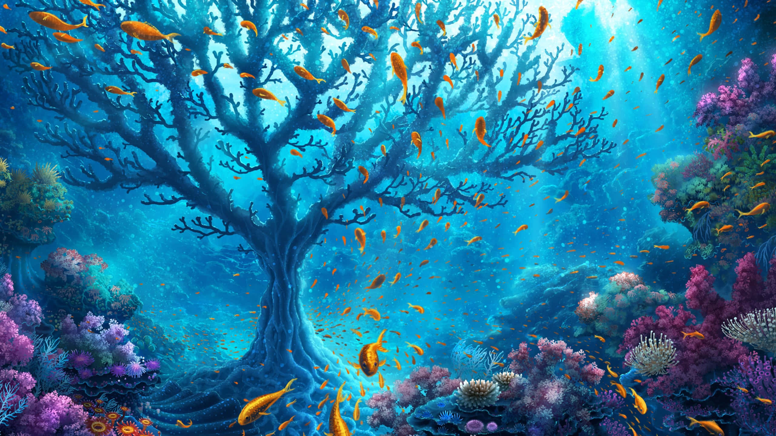 海底世界的生機與美麗 壁紙 — 一棵雄偉的珊瑚樹矗立在充滿活力的藍色海洋水域中，周圍環繞著紫色珊瑚和橙色魚群。