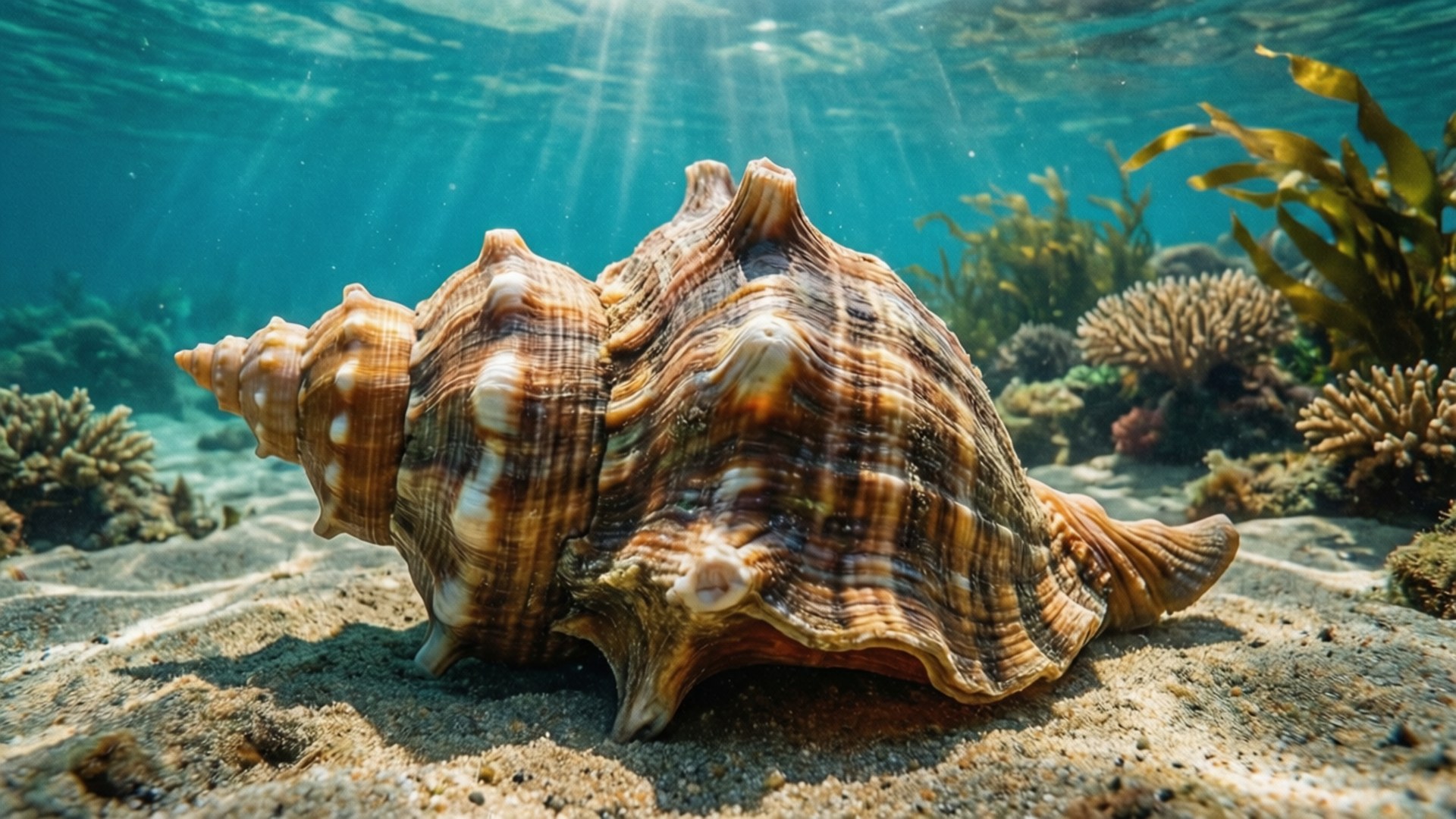 海底海螺 壁紙 — 一個大型螺旋貝殼躺在沙質海底，陽光穿過碧綠海水照射在珊瑚和海藻上。