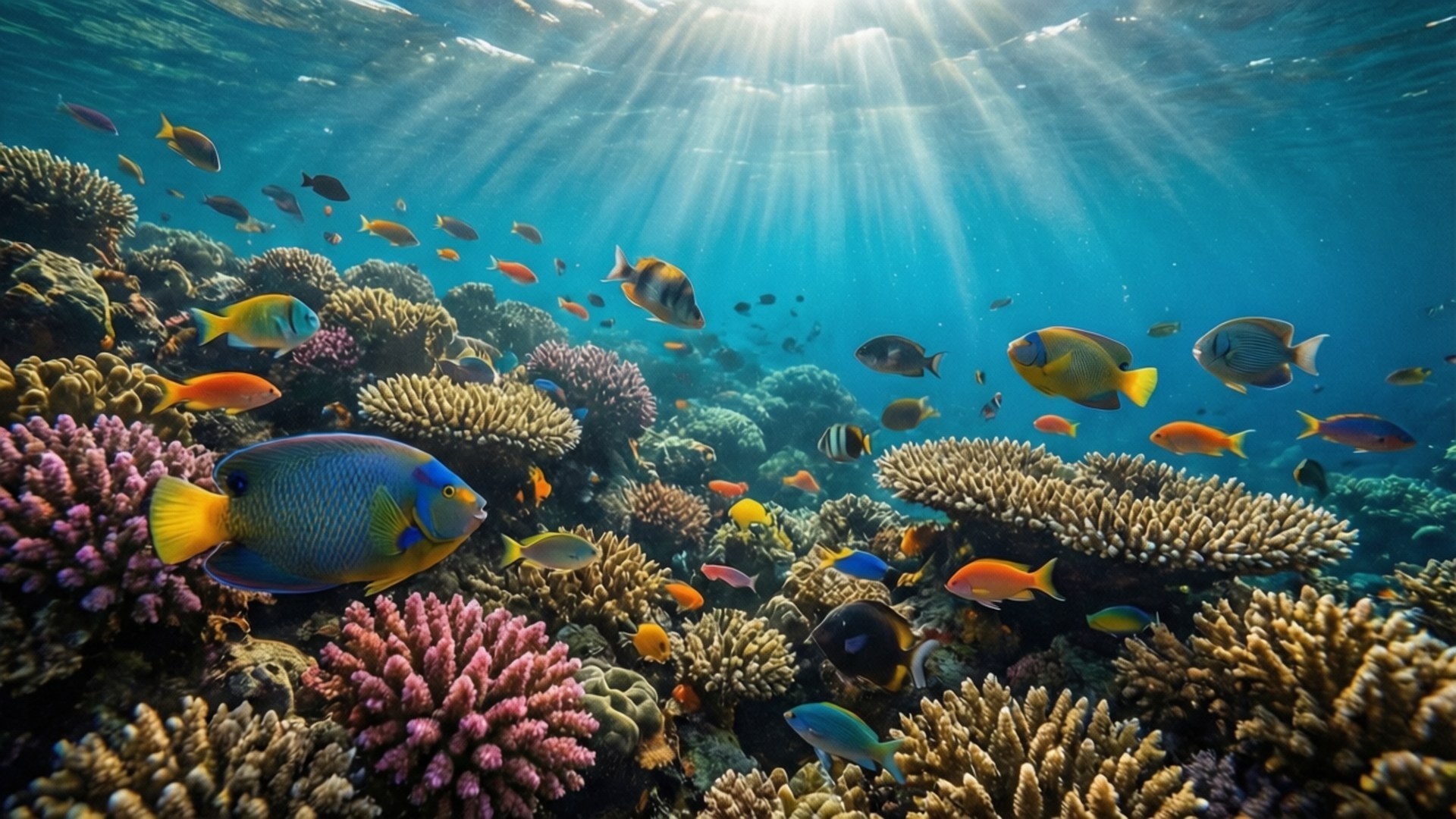 在海面下，陽光穿過海水照射在珊瑚礁上，色彩繽紛的魚兒在游動。