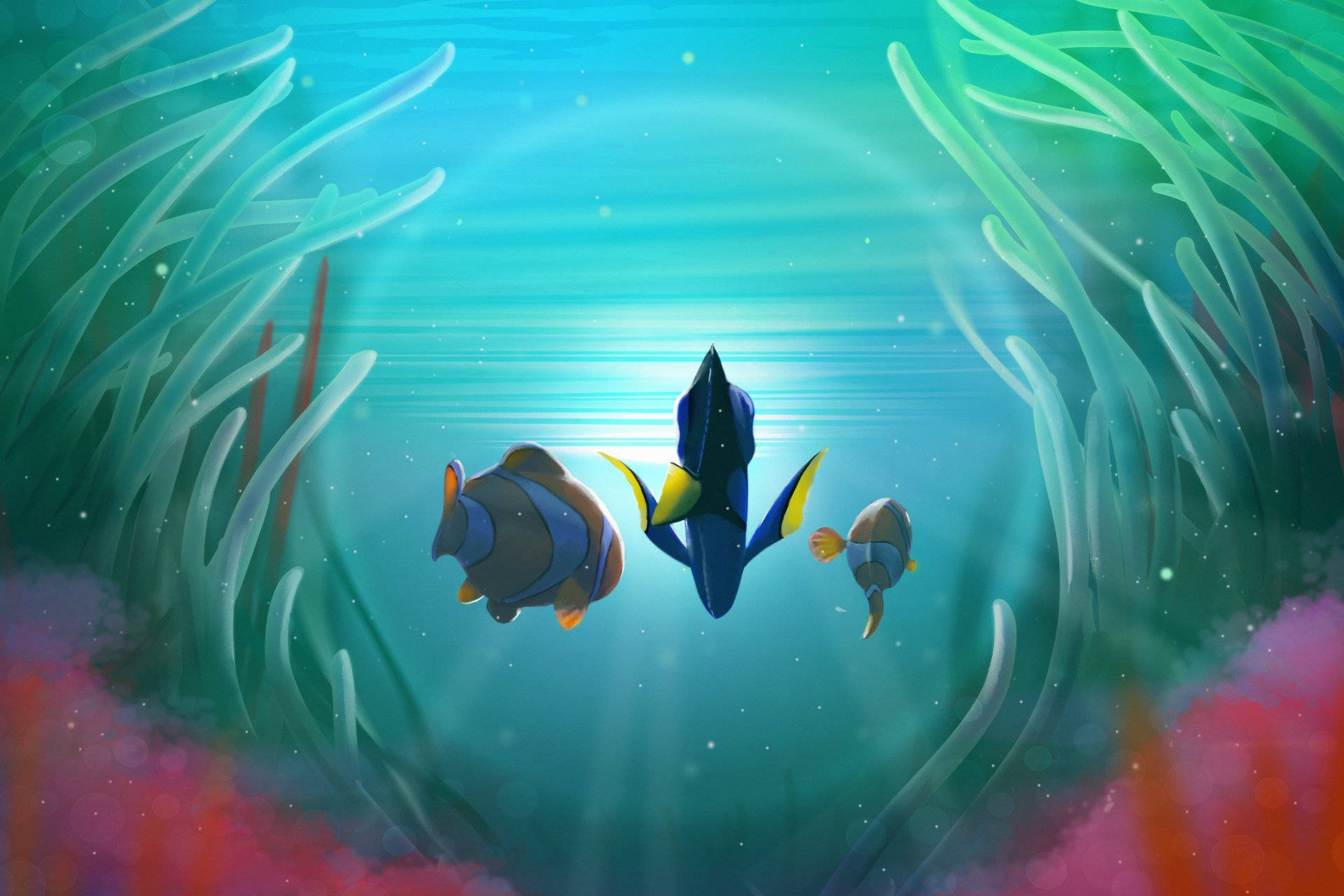 海底總動員：馬林與多莉 壁紙 — 三條色彩繽紛的魚在碧綠的海水中游過發光的珊瑚隧道，陽光穿透水面。