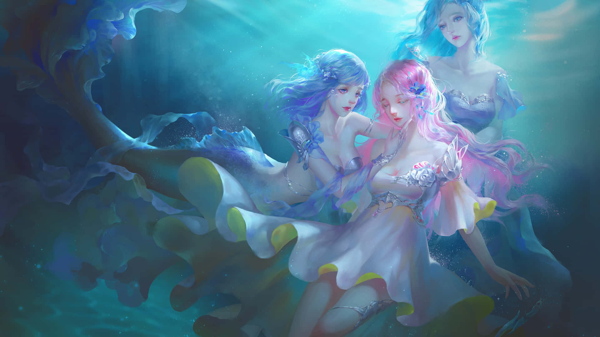 海底美人魚公主彩色圖像 壁紙 — 三位空靈的美人魚，長髮飄逸，身穿閃爍的裙子，在陽光照耀的碧綠海水中滑行，周圍環繞著珊瑚。