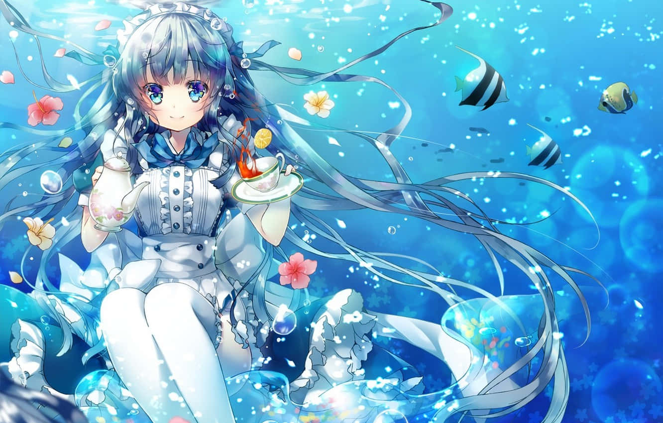 穿著白色連衣裙的動漫女孩在水下與魚和花一起喝茶。