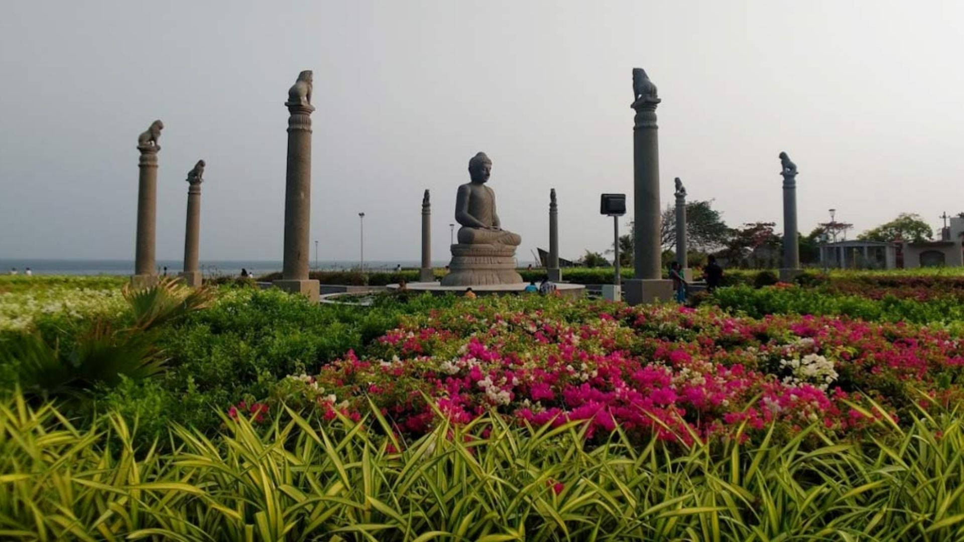 海得拉巴盧姆尼公園寧靜黃昏 壁紙 — 一尊寧靜的佛像坐在基座上，周圍環繞著鮮豔的粉紅色和白色花朵，以及帶有獅子柱頭的高大石柱，俯瞰著海洋。