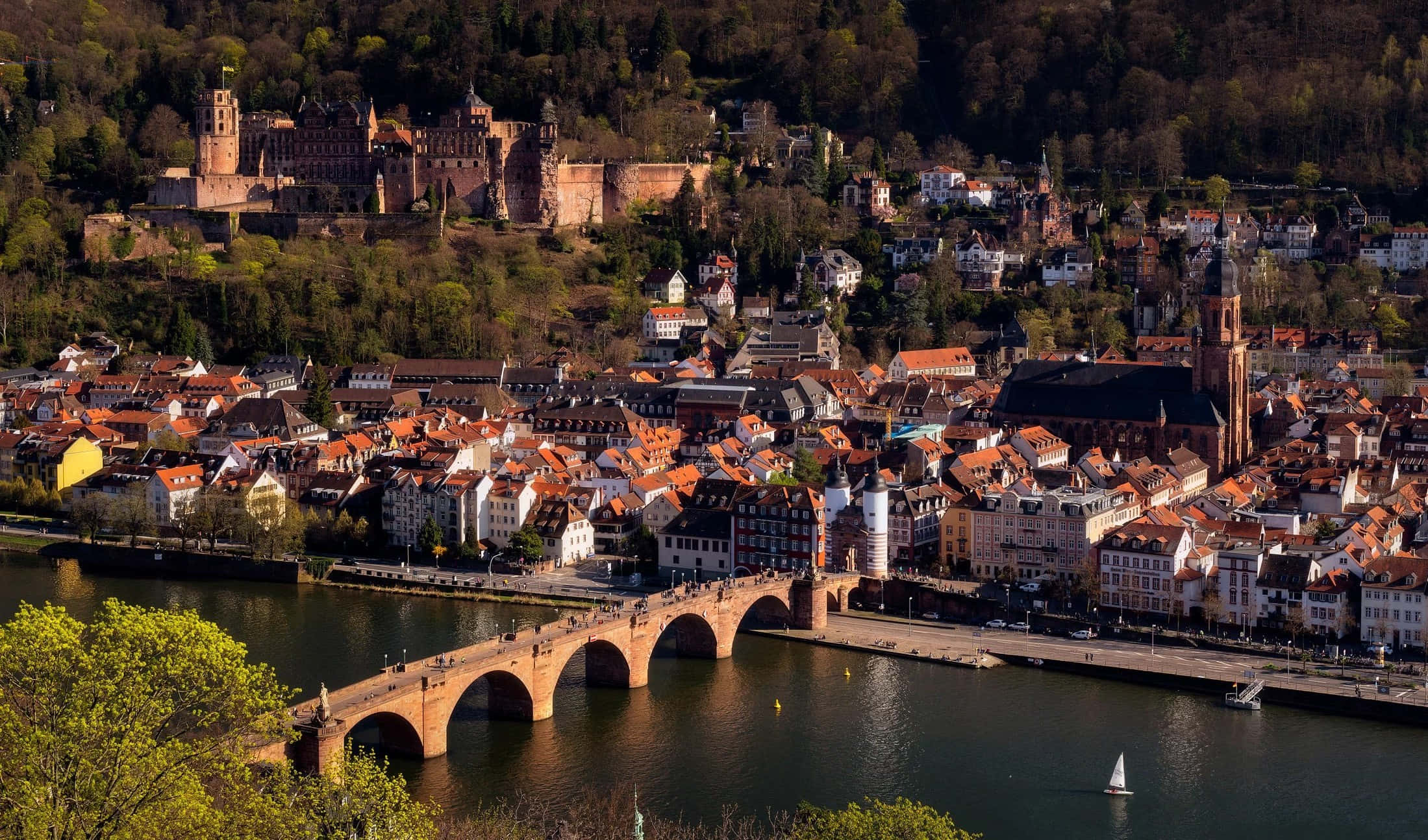 海德堡城堡與 Neckar 河 壁紙 — 海德堡歷史悠久的老城區鳥瞰圖，其標誌性城堡坐落在山丘上，俯瞰河流和石橋。