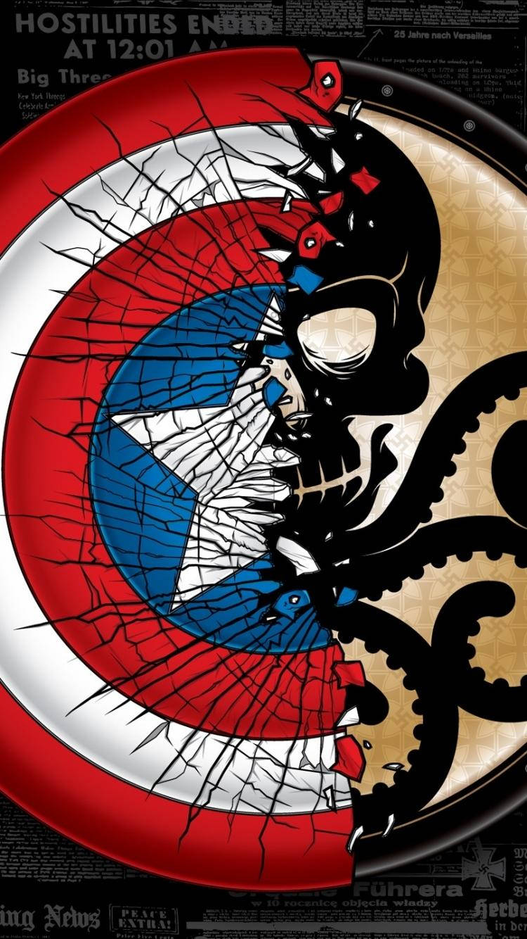 破碎的美國隊長盾牌，骷髏頭和觸手從中破出。