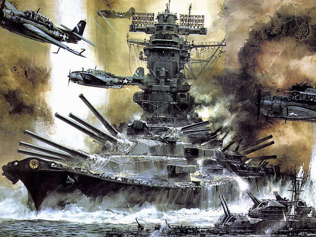 海戰場景 壁紙 — 一艘巨大的戰艦在波濤洶湧的海面上開火，戰鬥機穿過煙霧和火焰俯衝。
