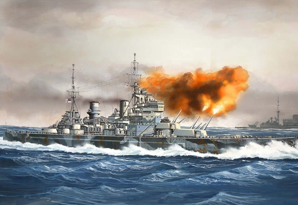 「海戰進行中的鳥瞰視角」 壁紙 — 一艘戰艦在灰色天空下的波濤洶湧海域中發射一枚巨大的橙色炮彈。