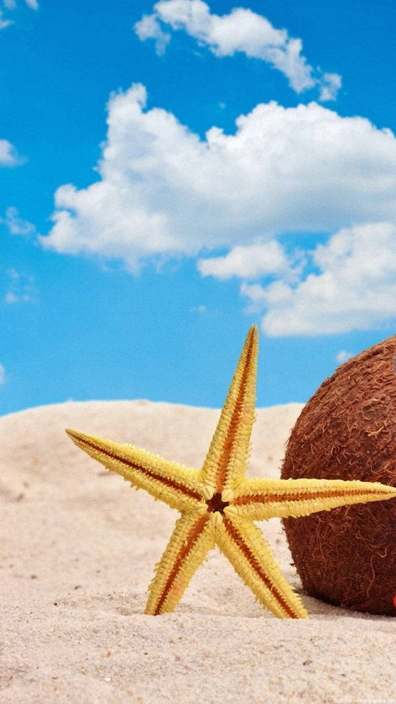 海星海灘 iPhone 壁紙 — 一隻鮮黃色海星在細沙上休息，旁邊有一個棕色椰子，背景是蔚藍天空和 fluffy 白雲。