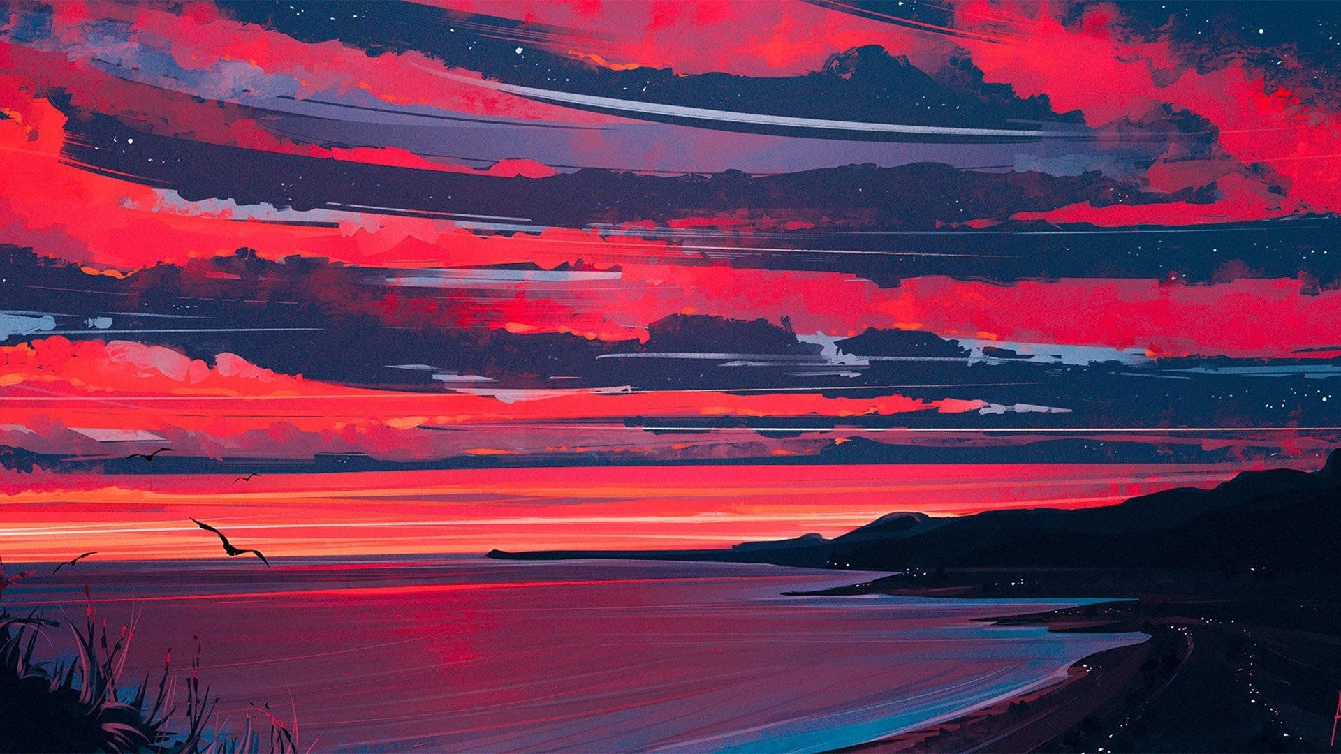 海景美學藝術 壁紙 — 一幅生動的數位畫作，描繪海岸日落，火紅的雲彩倒映在平靜的水面和剪影般的山丘上。
