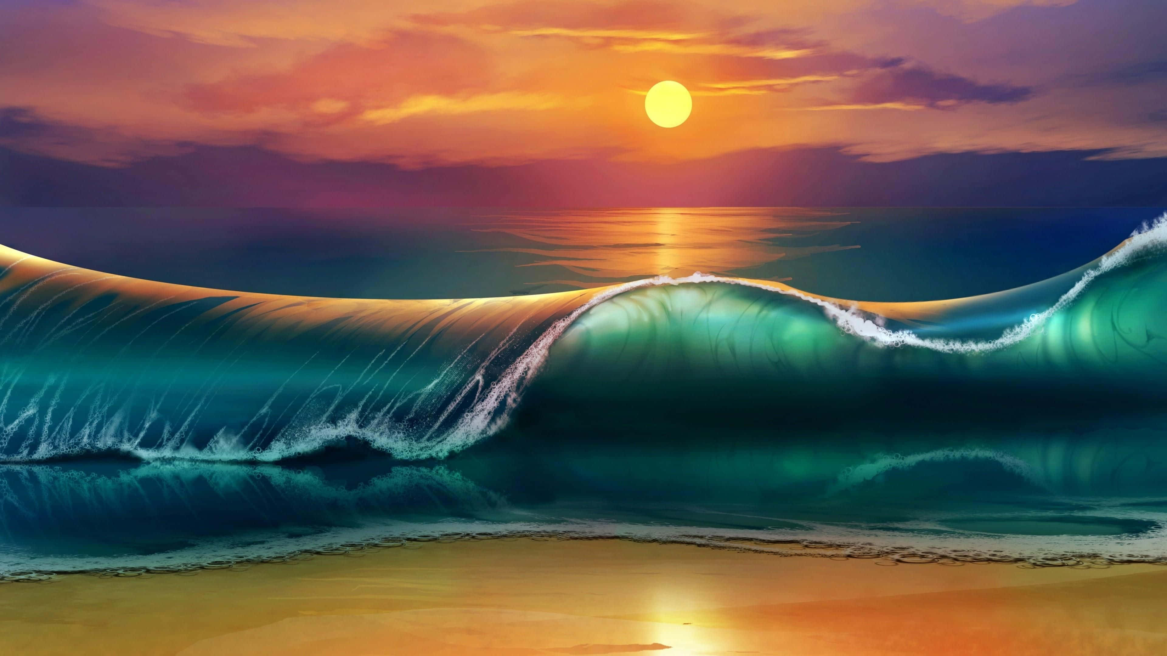 海景視角 壁紙 — 巨大的藍綠色波浪在熾熱的日落天空下彎曲，金色沙灘上閃耀著太陽。