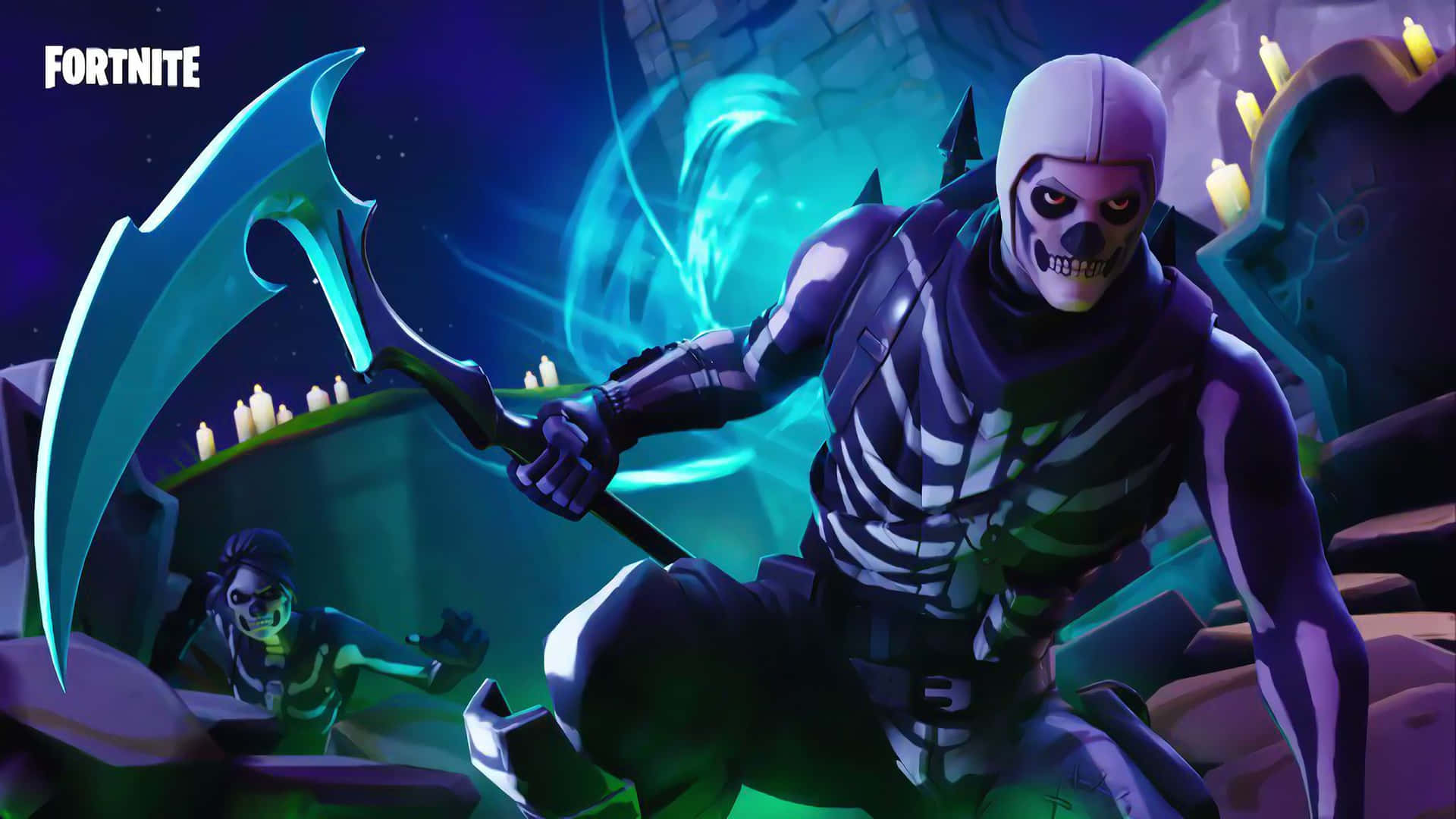 Fortnite骷髏戰士在黑暗地下墓穴中手持發光鐮刀，伴有燭光