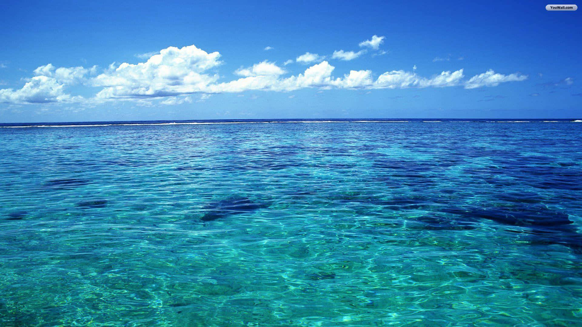 海洋上的寧靜早晨 壁紙 — 充滿活力的藍綠色海水延伸到地平線，天空湛藍，白雲蓬鬆。