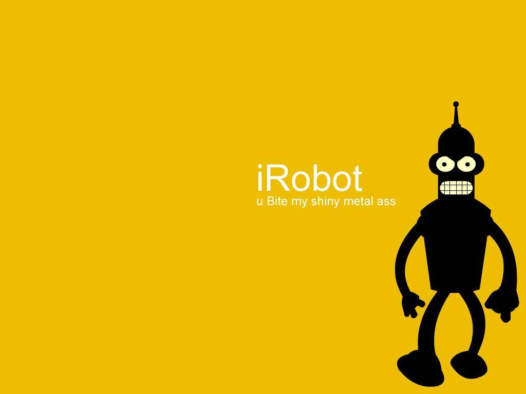 黑色卡通機械人，在黃色背景上生氣的表情，文字 iRobot u Bite my shiny metal ass