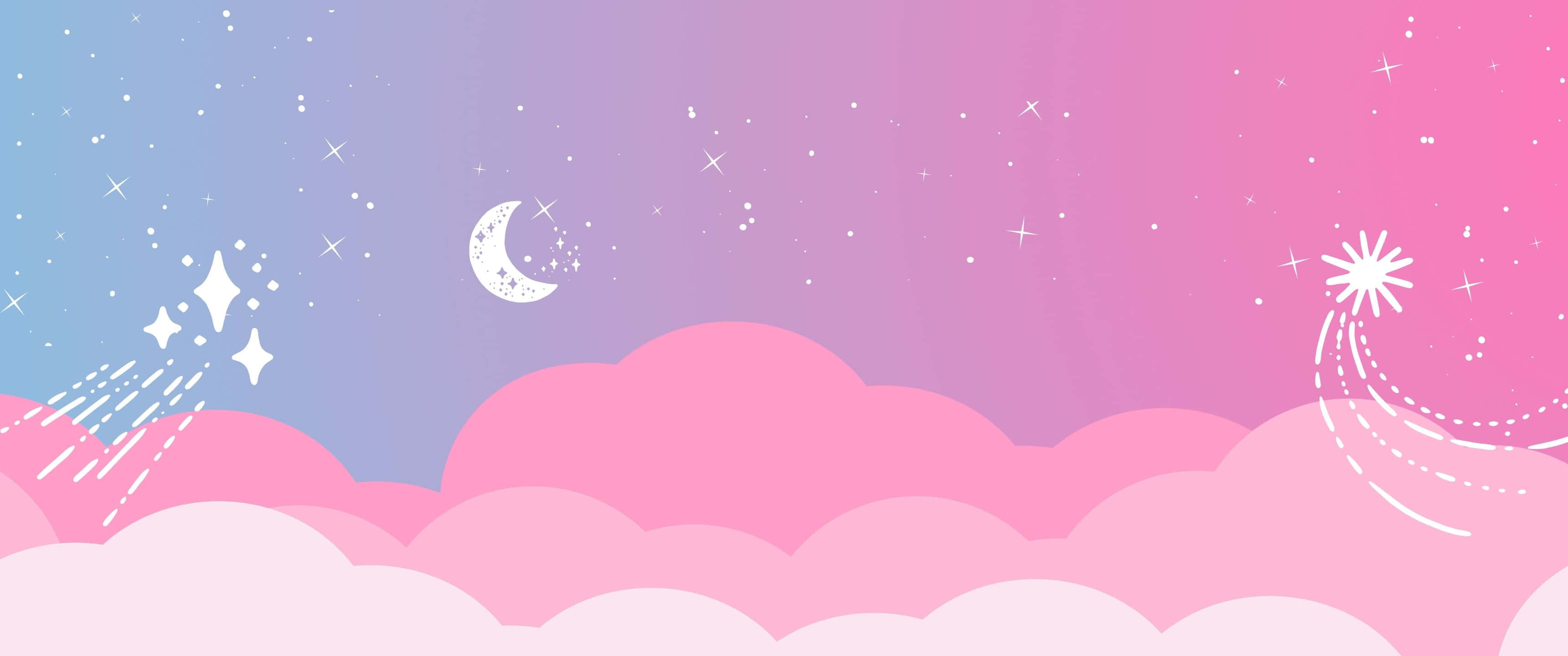 粉紅和藍色天空，有雲朵、月亮和流星