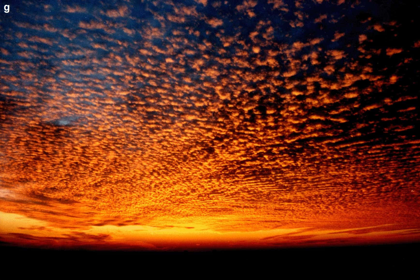 黑暗地平線上空夕陽下鮮豔的橙色和藍色雲彩。