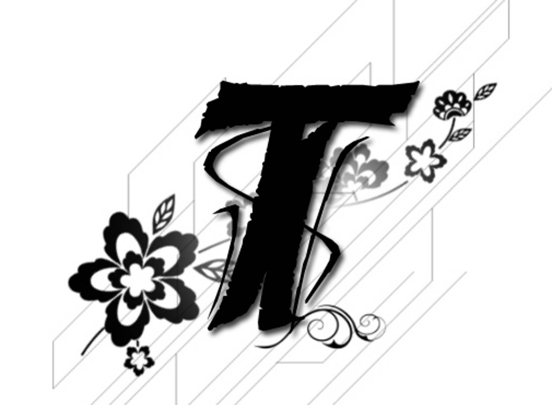 海洋上的美麗日落 壁紙 — 粗體黑色風格化字母T，飾有花卉圖案，背景為幾何圖案。