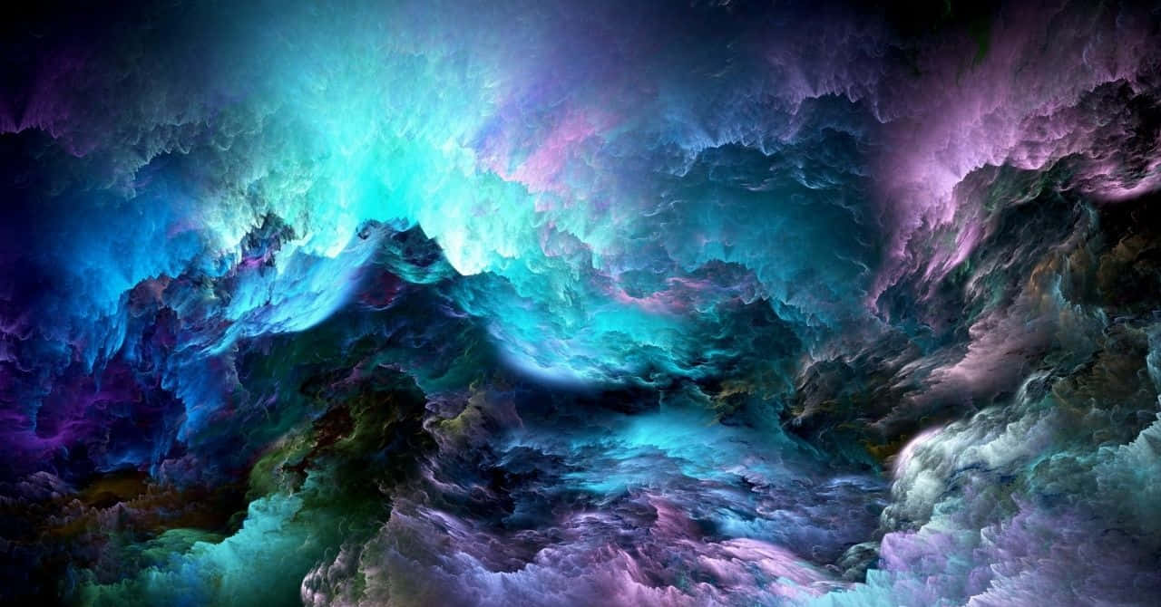海洋上的閃耀陽光 壁紙 — 充滿活力的宇宙星雲以電光藍綠色和深紫色旋轉，帶有發光的雲層結構。