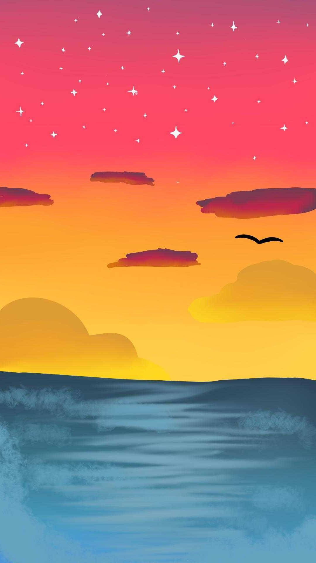 Pansexual Sea And Sky 壁紙 — 海洋上空的風格化日落，星星出現在雲層之上，一隻孤鳥飛翔。