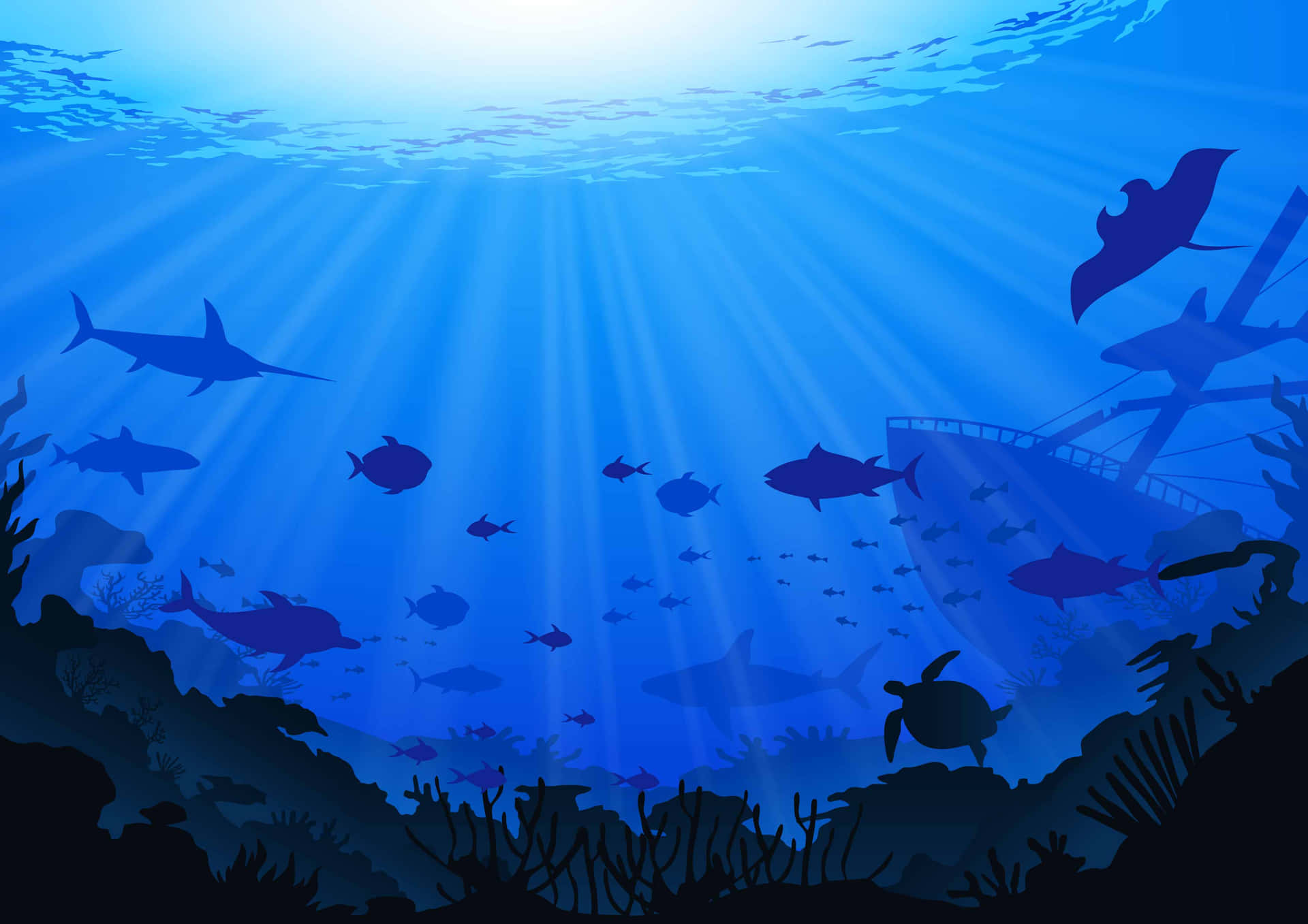水下場景，鯊魚、魚類和沉船在藍色水光中形成剪影。