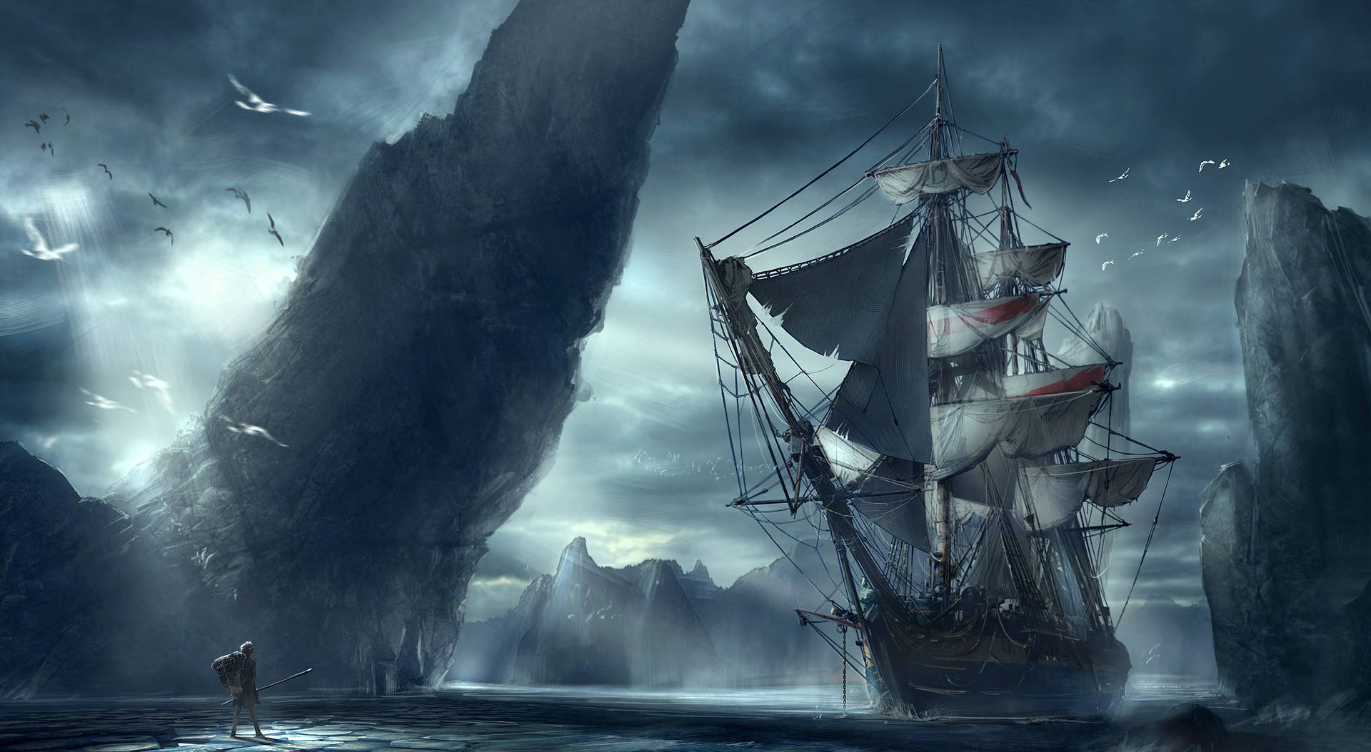 一個水手在 stormy 天空下，面對擱淺在鋸齒狀懸崖之間的船隻。