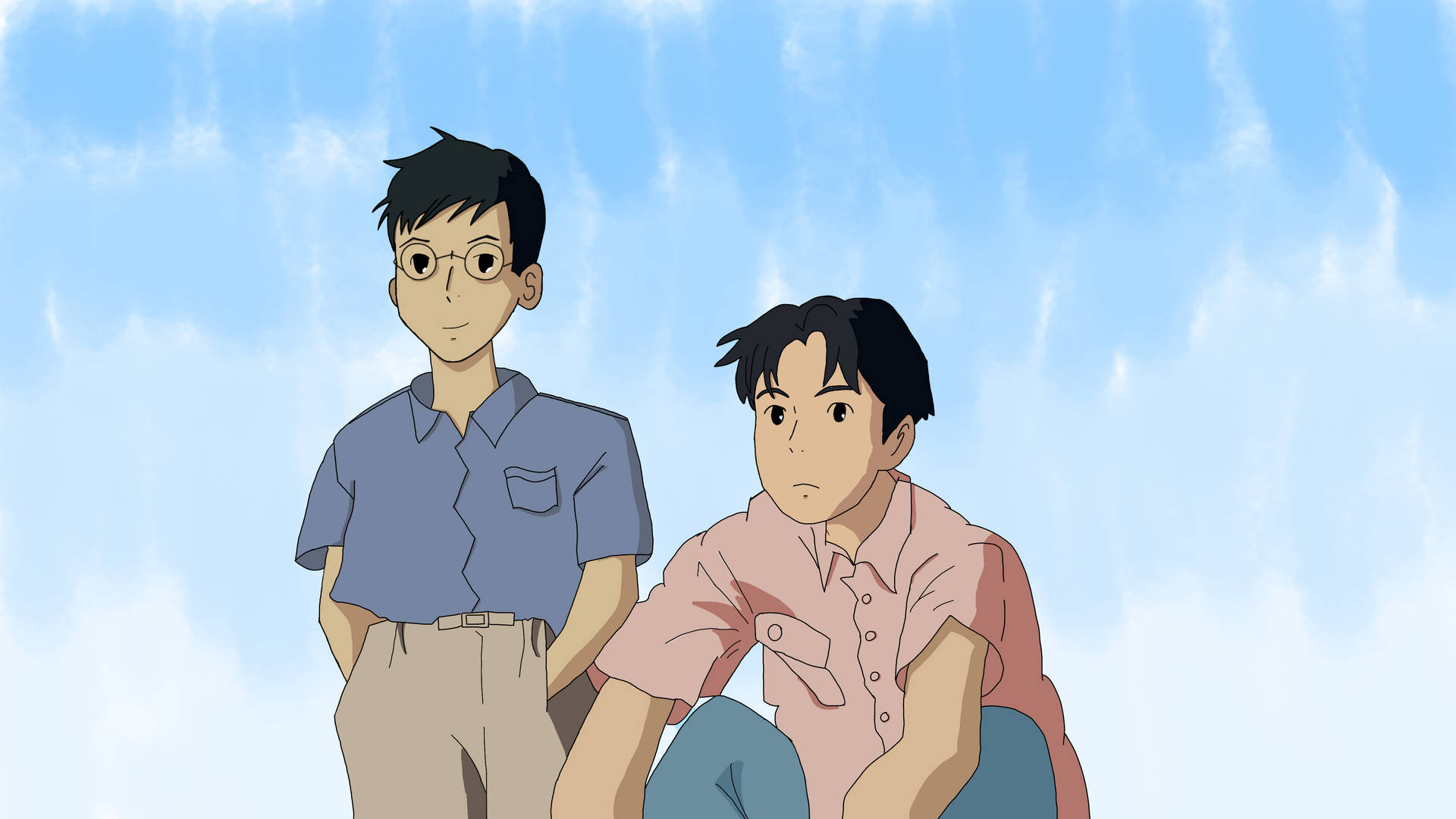 兩個年輕男孩坐在戶外，藍天白雲下
