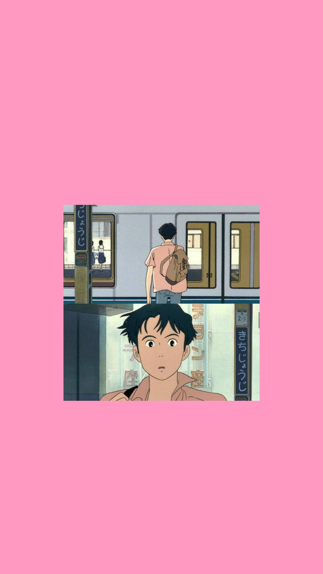 動漫男孩抬頭望向車站裏火車附近的另一個男孩。