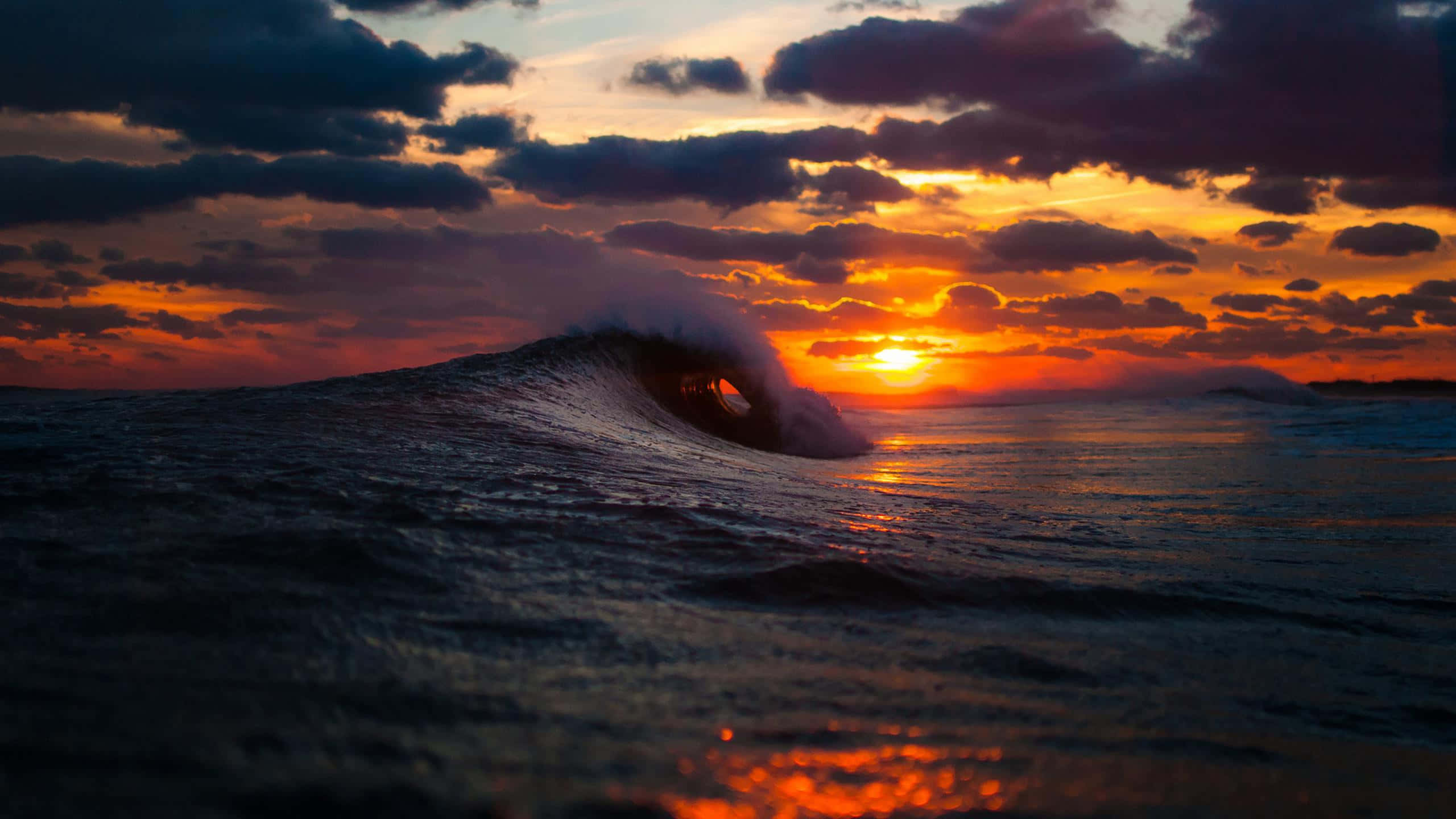 海洋之美色彩繽紛的展現 壁紙 — 夕陽下，一道戲劇性的海浪完美捲成管狀，上方有火橙色和深紫色的雲彩。