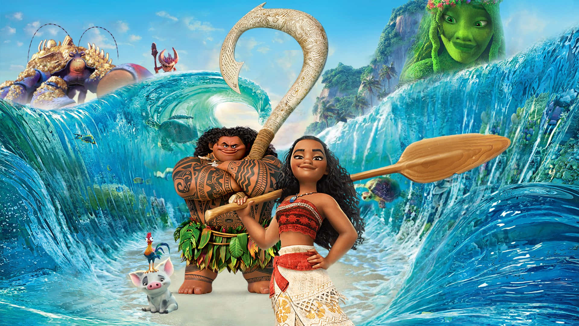 《海洋奇緣》冒險即將展開！ 壁紙 — Moana 和 Maui 自信地站在浪尖上，Maui 拿著巨大的魚鉤，Moana 拿著槳，海洋精靈和一隻公雞在後面觀看。