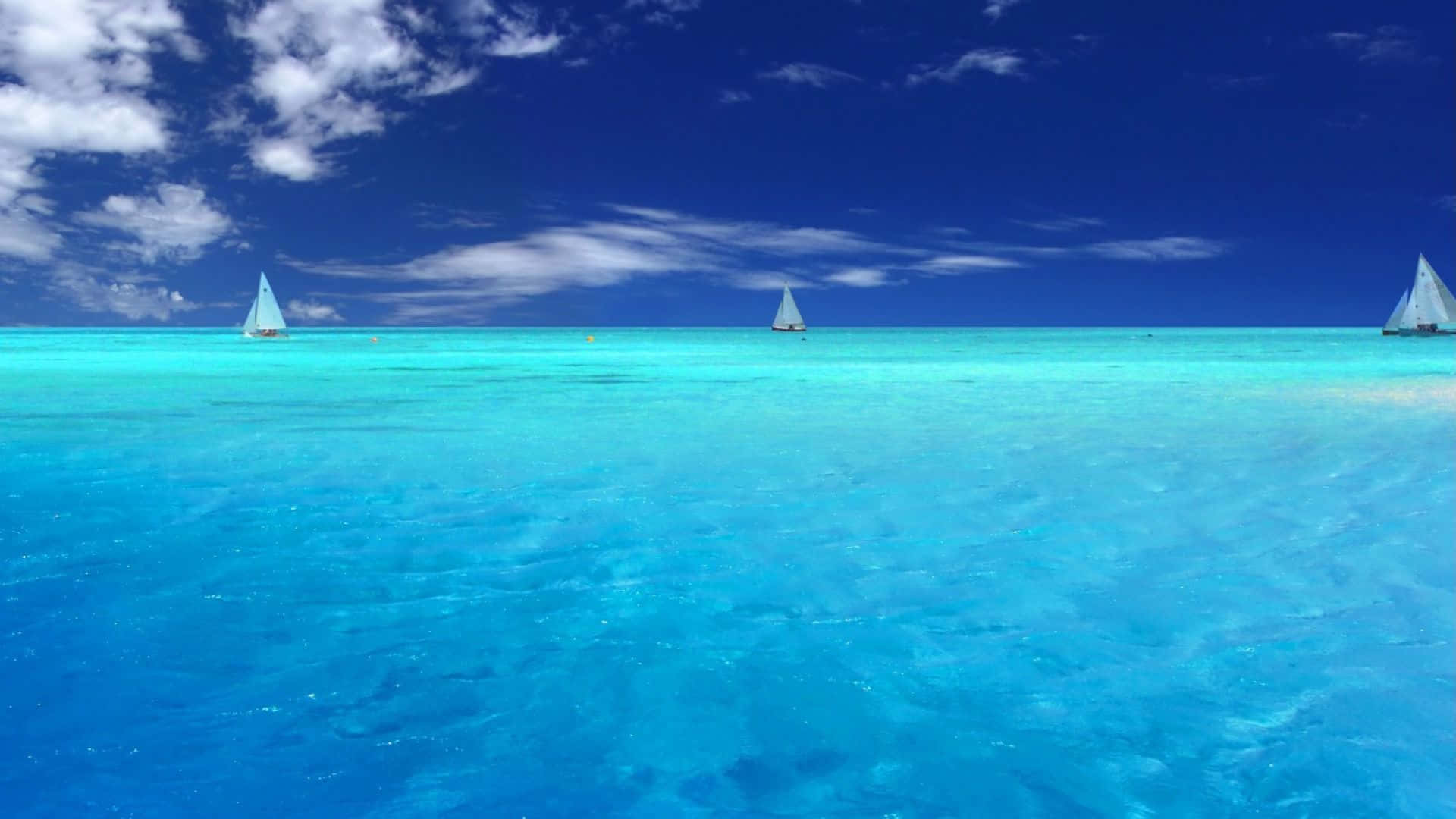 三艘帆船漂浮在清澈碧綠的水面上，天空湛藍，有白雲。