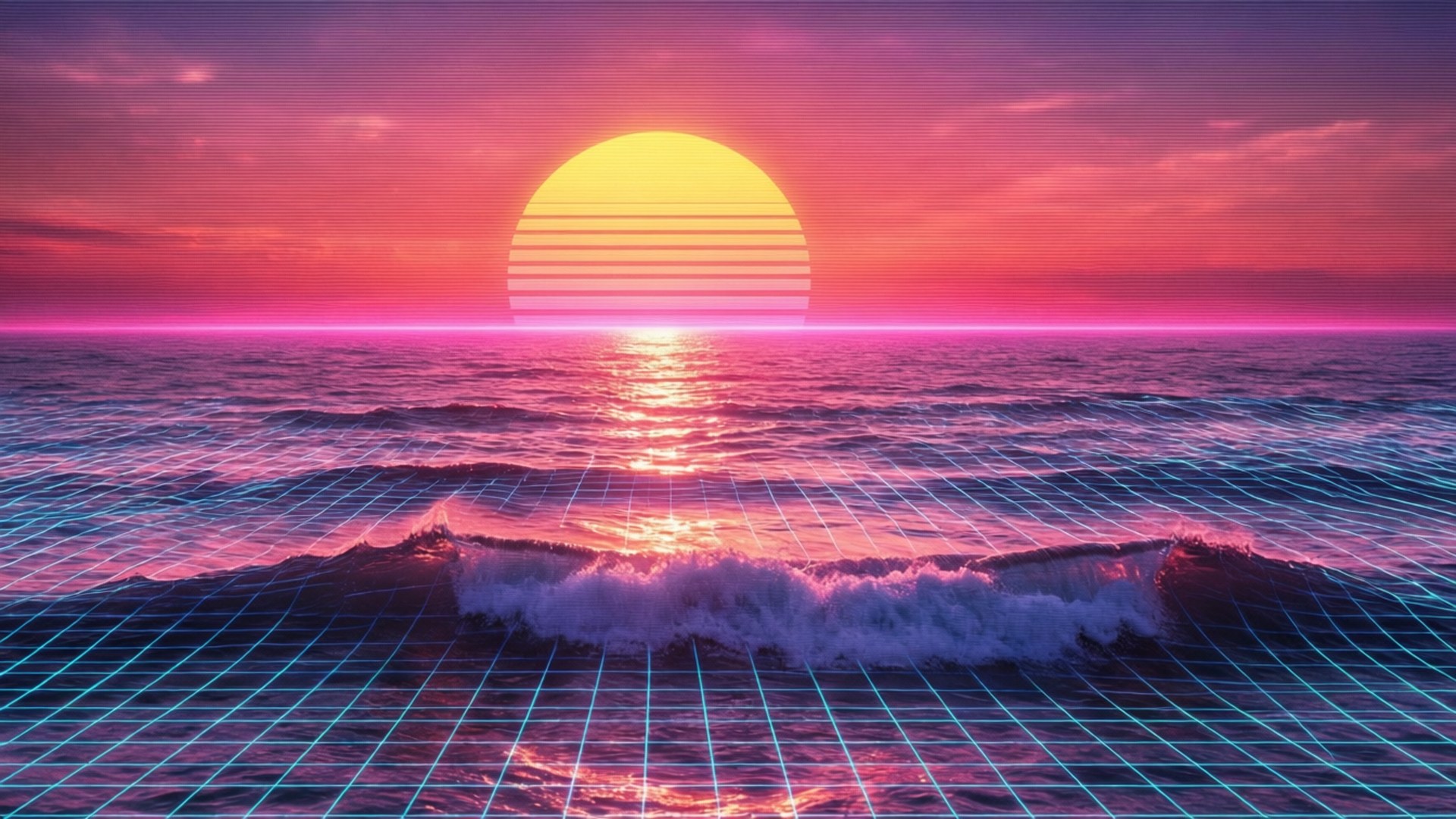 海洋復古浪潮日落 壁紙 — 一個復古未來主義的日落，條紋太陽在發光的海洋波浪之上，在霓虹網格天空下。