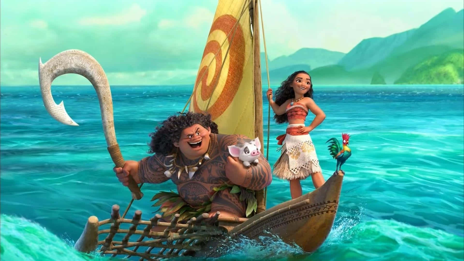 Moana 和 Maui 乘坐獨木舟航行，船上有一隻公雞和一隻豬。