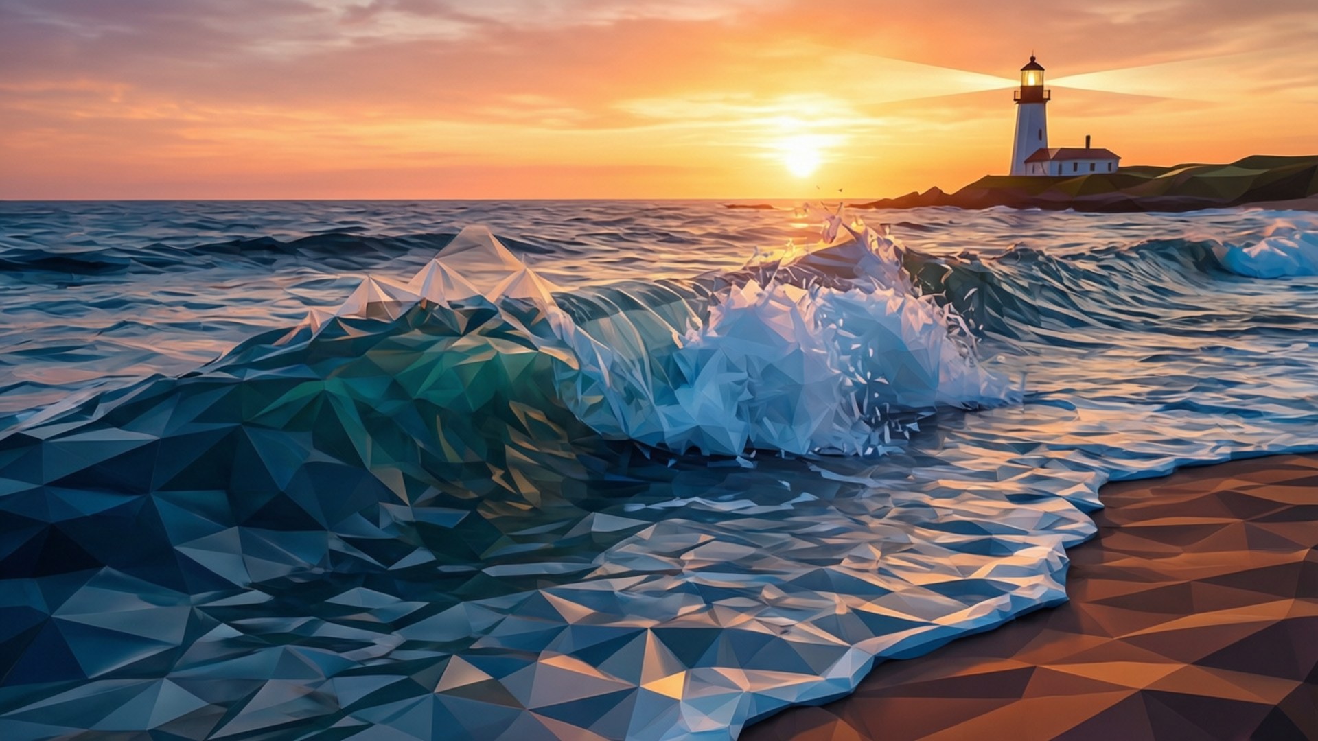 海洋日落幾何圖 壁紙 — 低多邊形風格的海浪在日落時衝上岸邊，遠方懸崖上有一座燈塔。