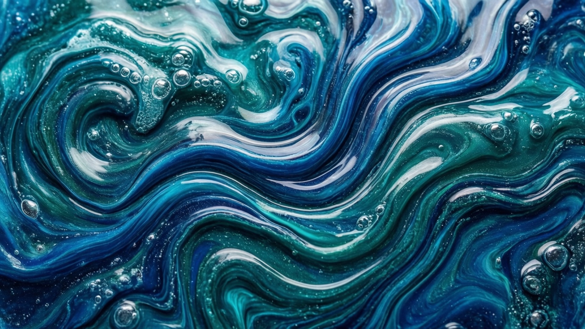 海洋樹脂漩渦 壁紙 — 充滿活力的藍白漩渦與光澤氣泡，營造出動態的抽象流體藝術構圖。