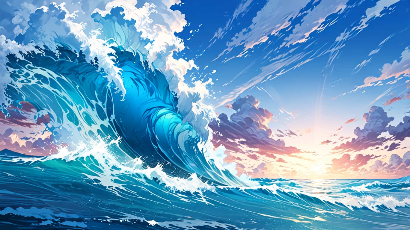 一道高聳的海浪衝擊著色彩繽紛的日落天空，天空中有粉紅色、紫色和藍色的雲彩。