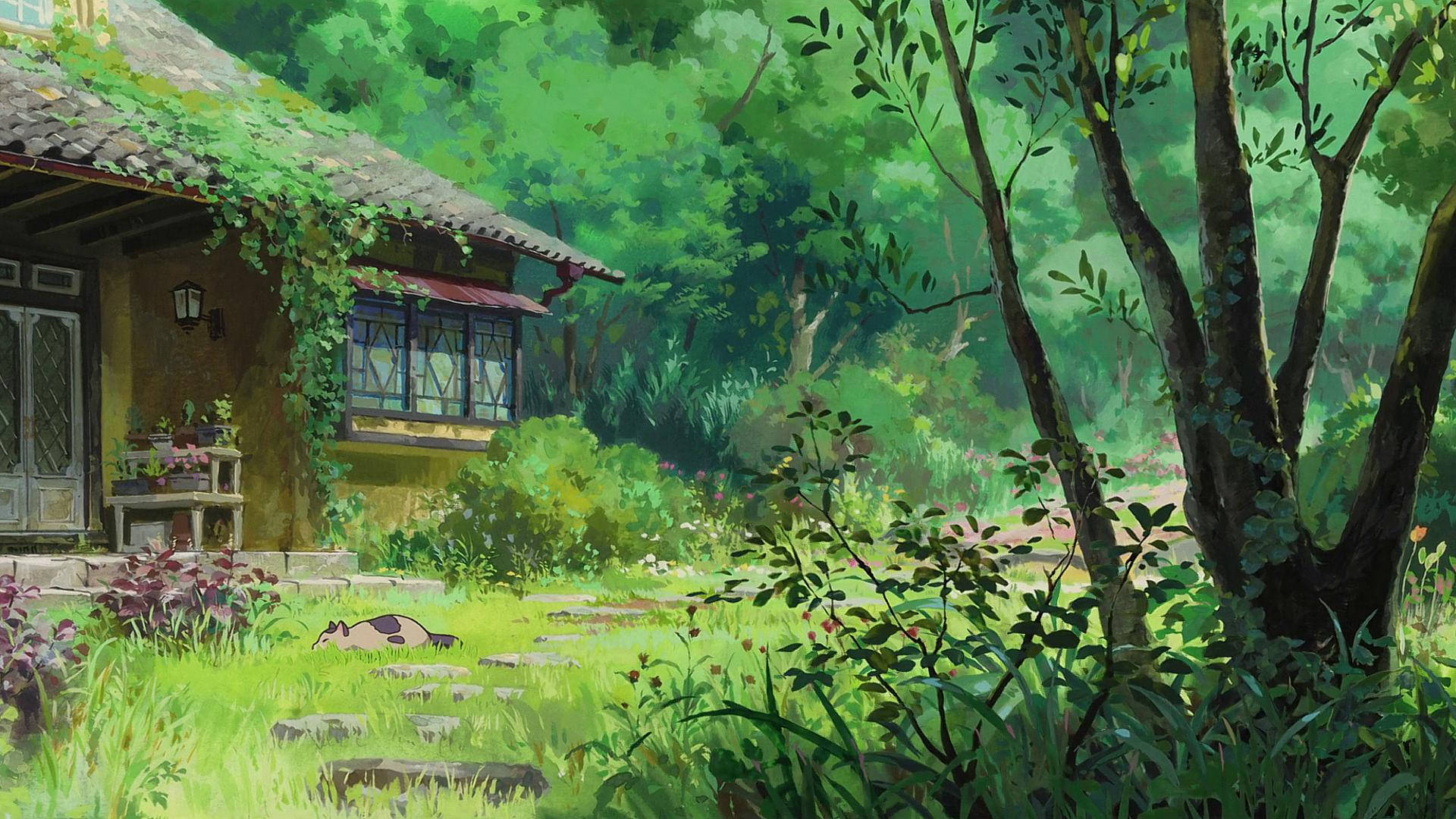 綠色森林中的舒適小屋，草地上有一隻睡著的貓。