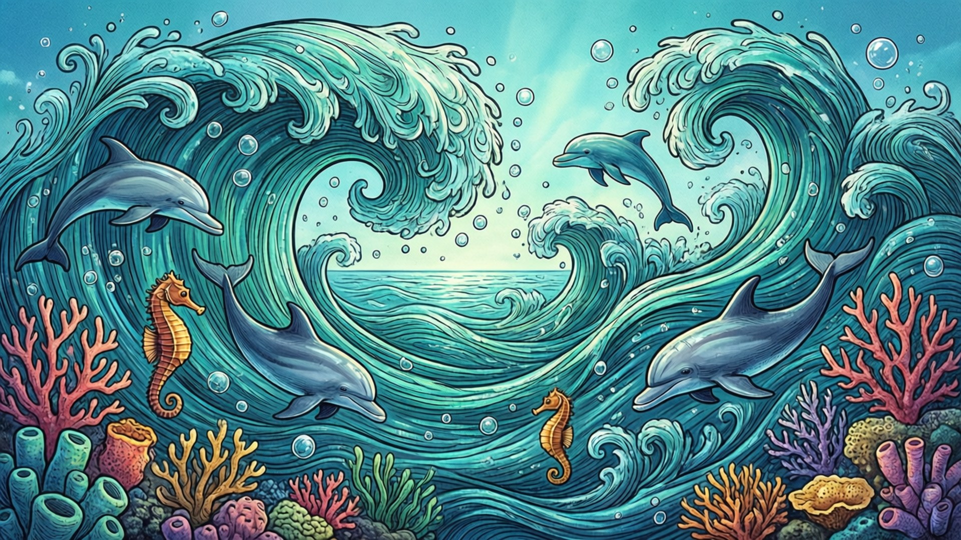 海豚和海馬在旋轉的海浪中游動，下方是珊瑚礁。