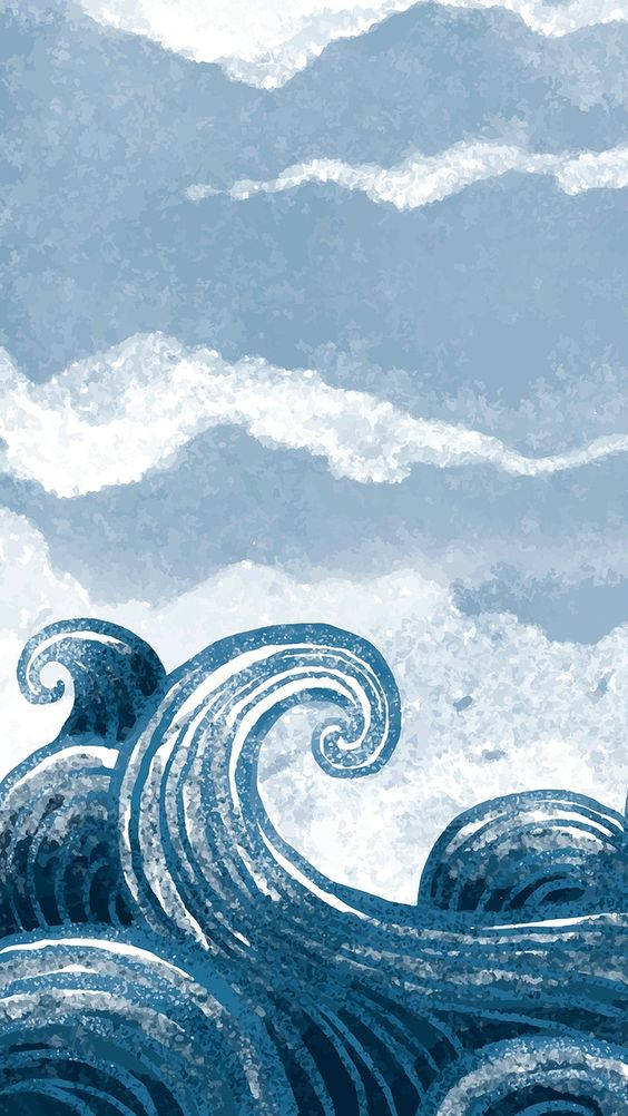 海洋波浪與水景卡通 壁紙 — 強勁的藍色海浪在紋理化的天空背景下翻騰旋轉，形成風格化的數位插圖。
