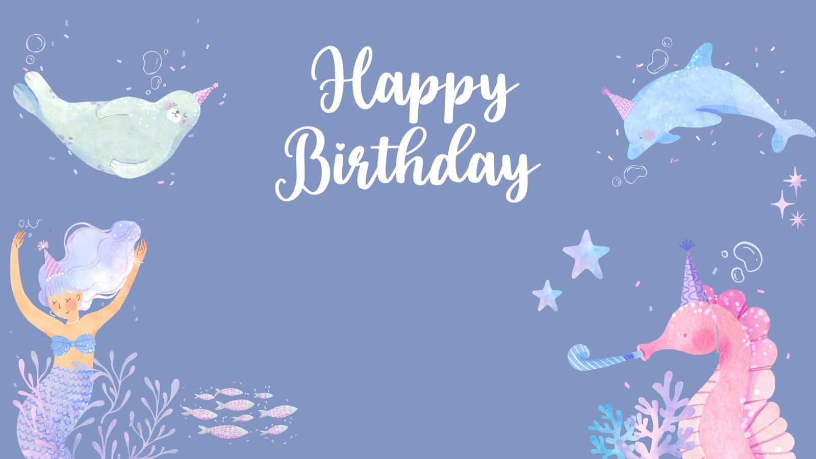 水底生日慶祝，有美人魚、海豹、海豚和海馬戴著派對帽。