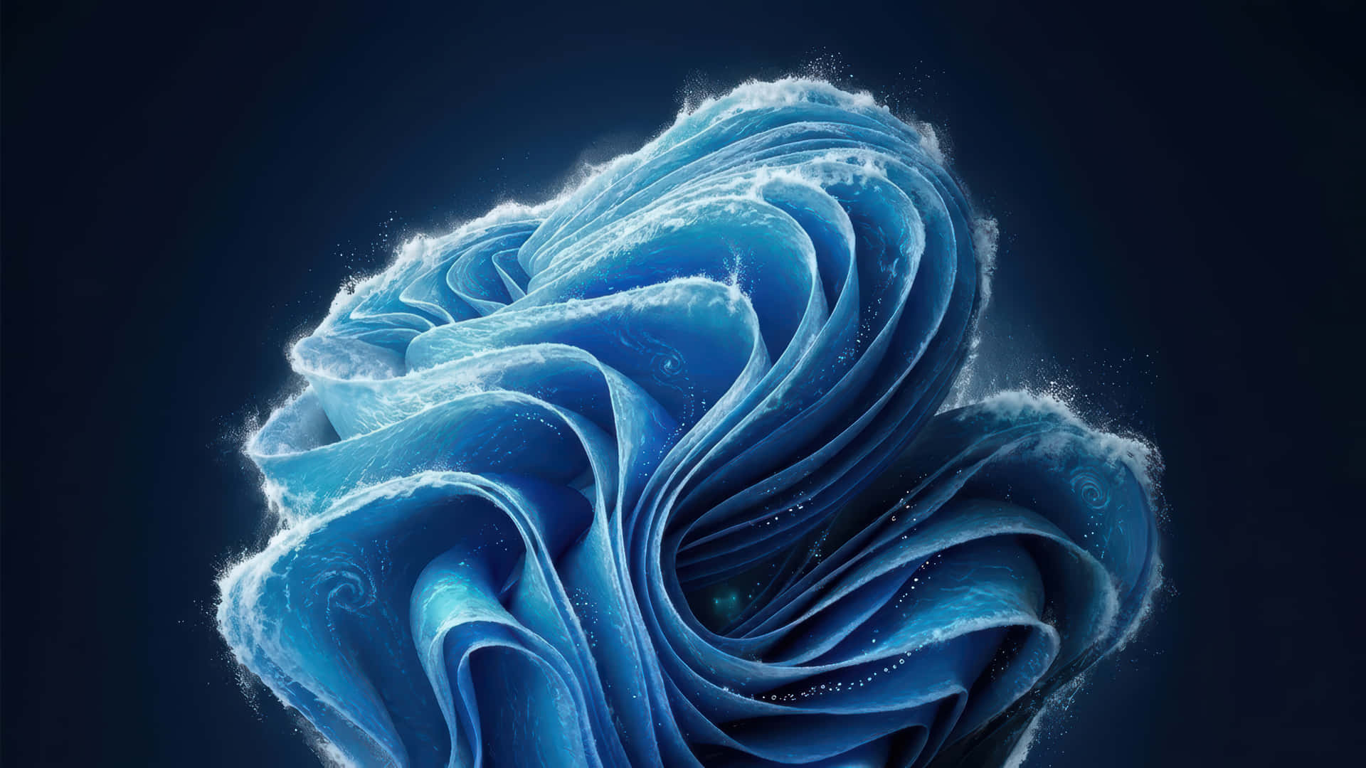 海洋盛開模組化桌面壁紙，增強版 壁紙 — 在黑暗背景上帶有閃爍粒子的旋渦抽象藍色發光波浪雕塑。