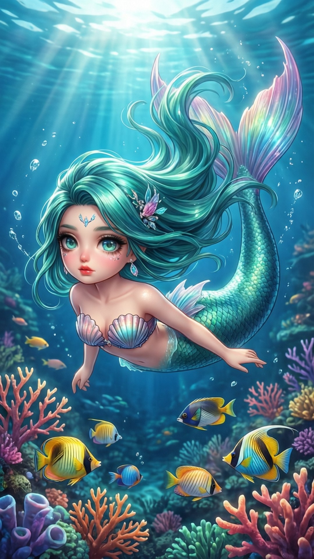 一位擁有藍綠色頭髮和貝殼上衣的美人魚，在陽光照耀的海水中穿梭於珊瑚和魚群之間。