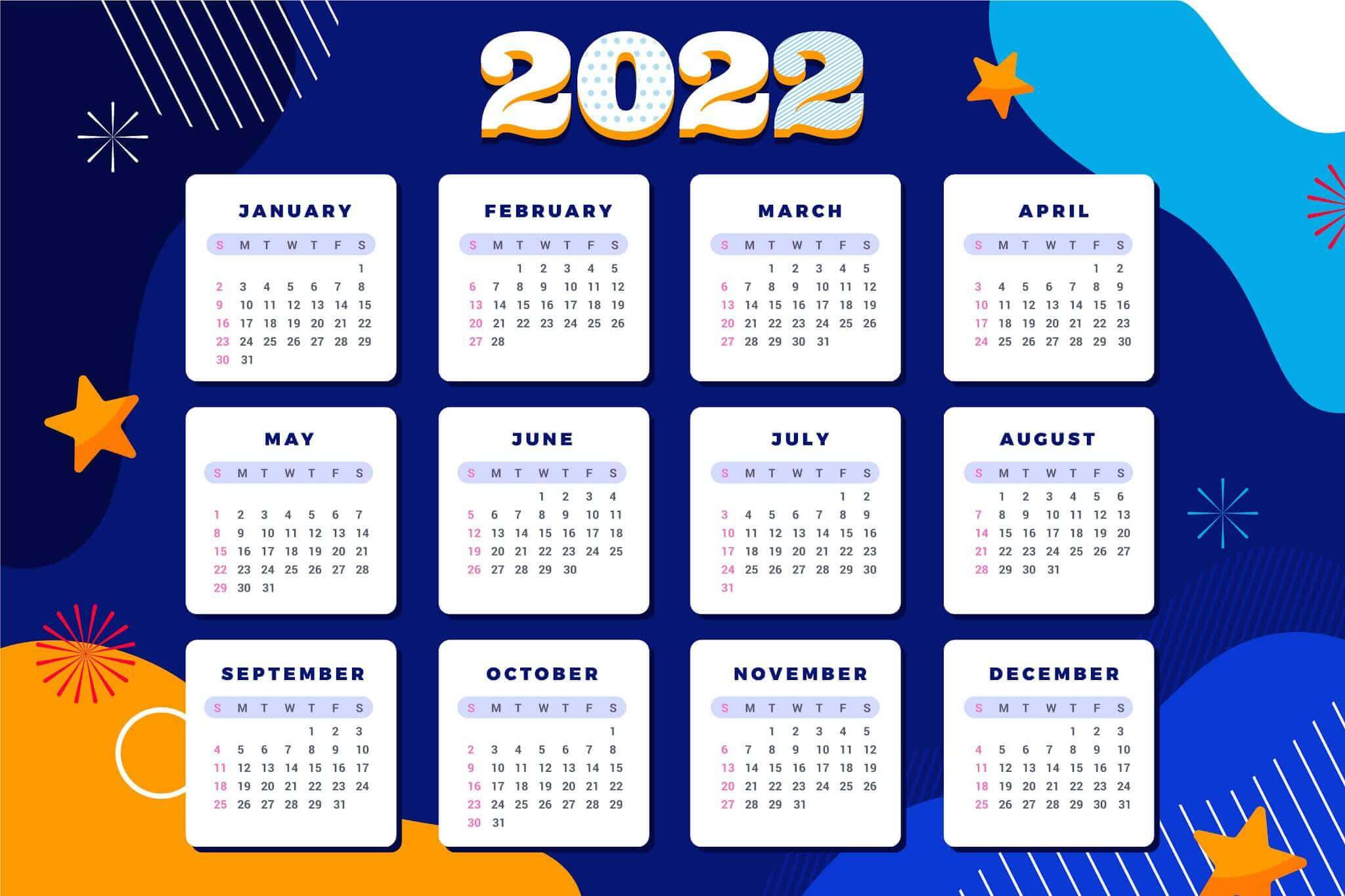 海洋風2022年曆 壁紙 — 充滿活力的2022年月曆，深藍色背景上有色彩繽紛的抽象形狀和星星。