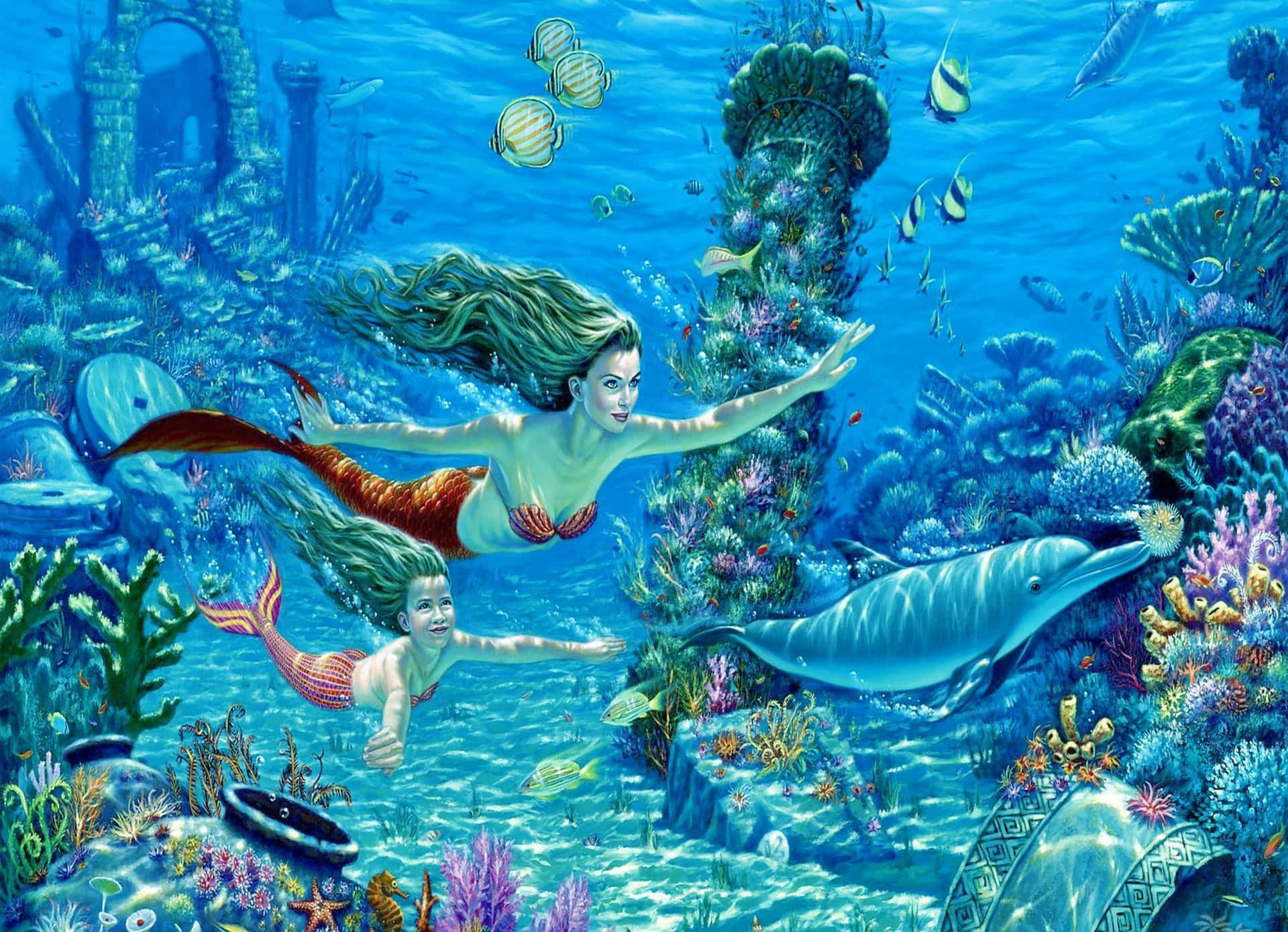 美人魚和小孩在色彩繽紛的珊瑚和沉沒的廢墟中與海豚一起游泳。