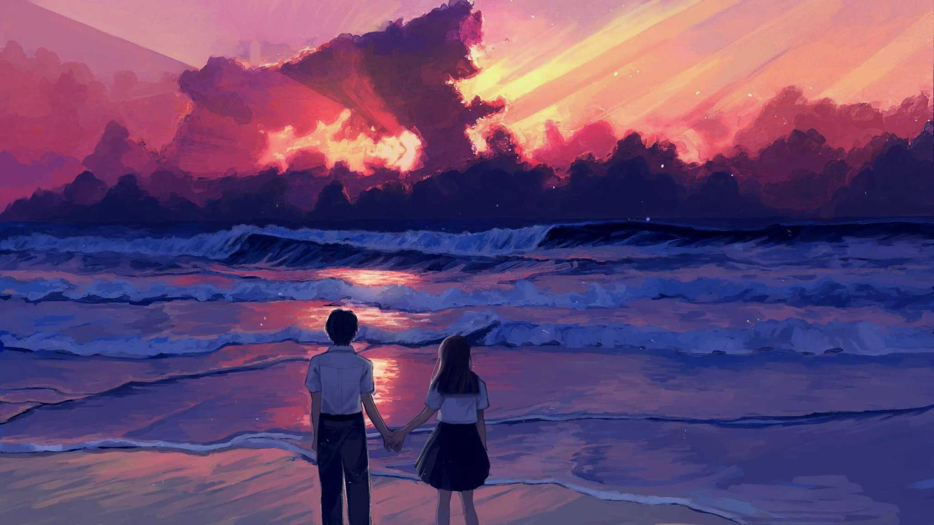 兩人在日落時分在海灘上牽手觀看海浪。