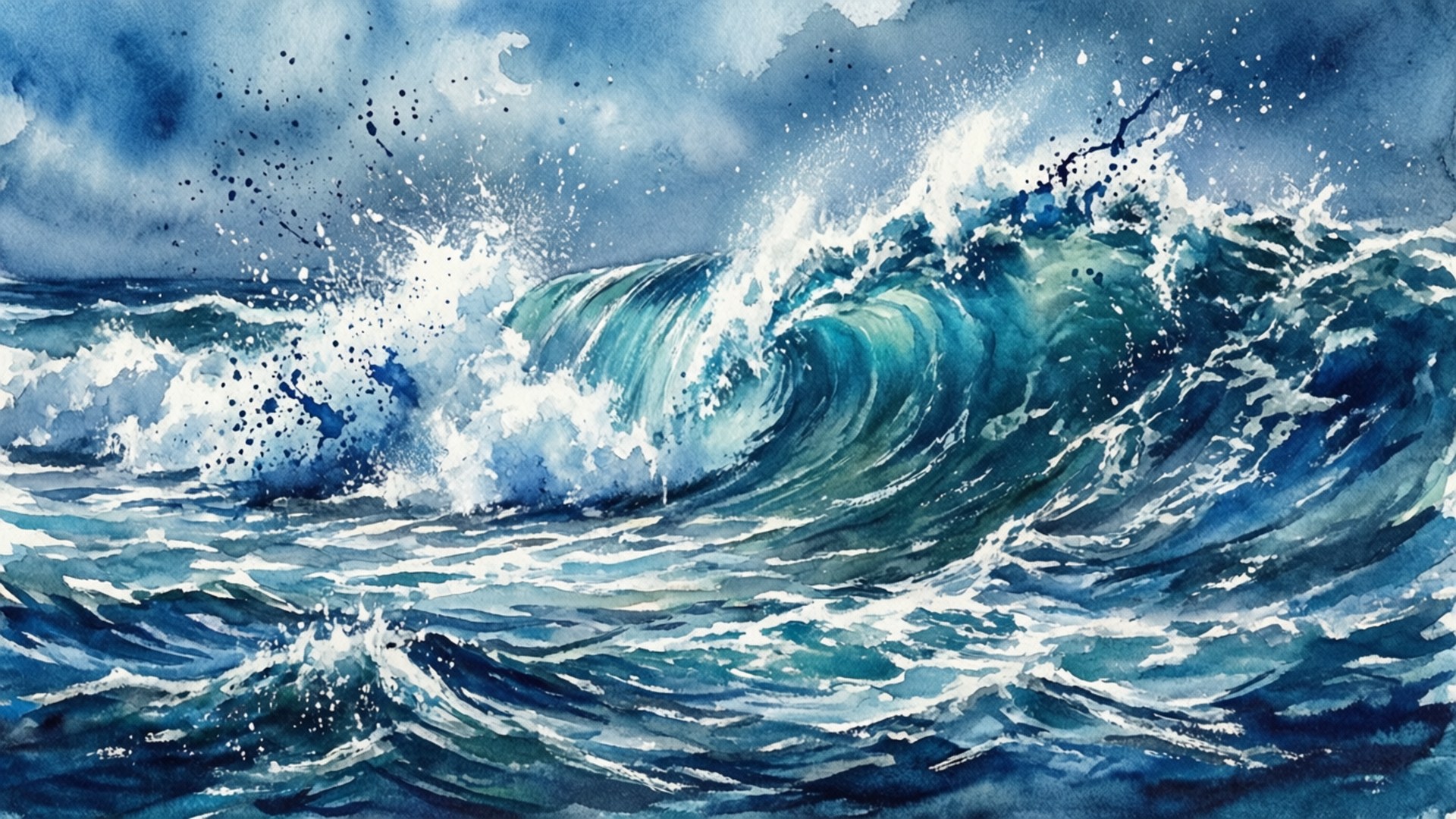 海浪奔騰 壁紙 — 一幅戲劇性的水彩海浪在暴風雨的天空下翻騰，濺起泡沫，帶有深藍色調。