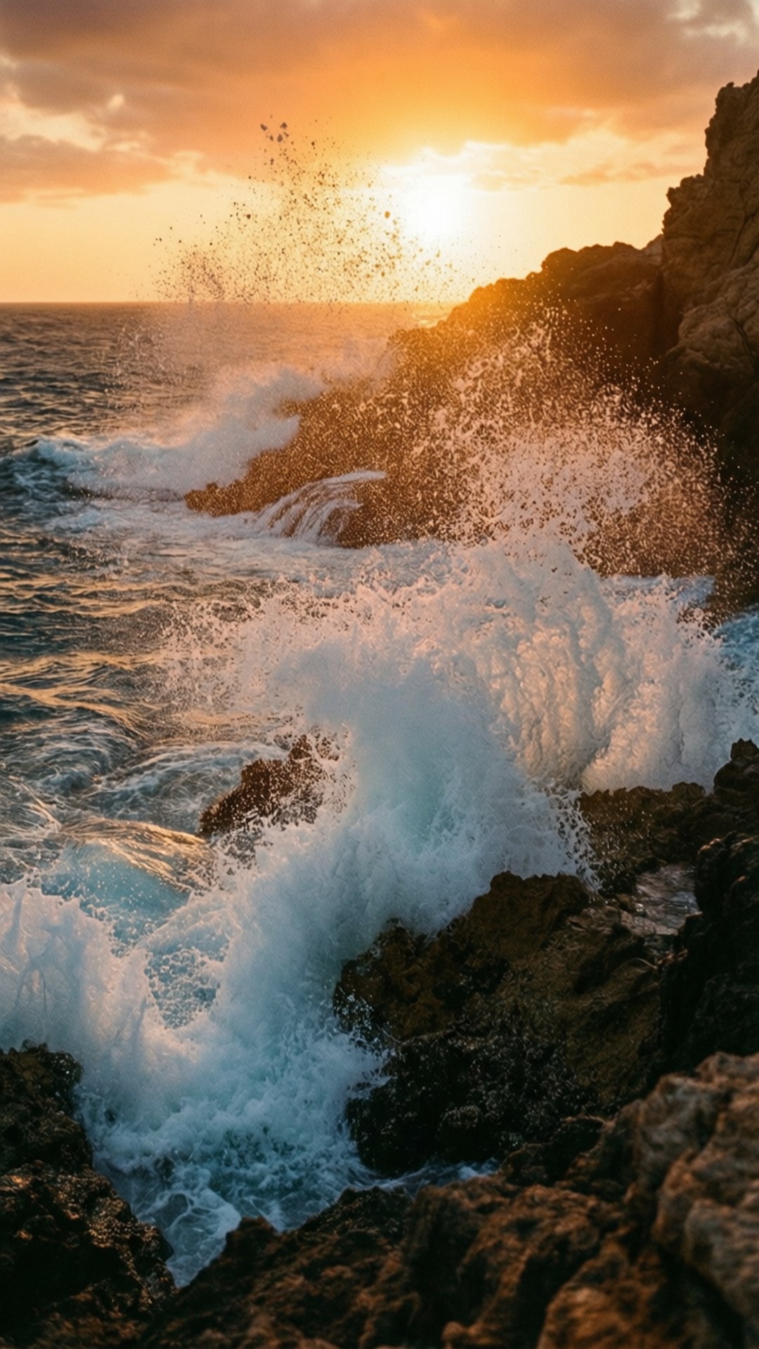 海浪在金色夕陽下撞擊黑暗懸崖。