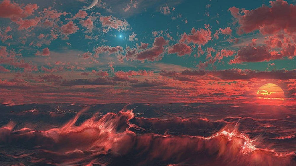 海浪美學雲朵桌面 壁紙 — 日落時分超現實的外星海景，火紅色的海浪在點綴著新月和閃爍星星的青色天空下翻騰。