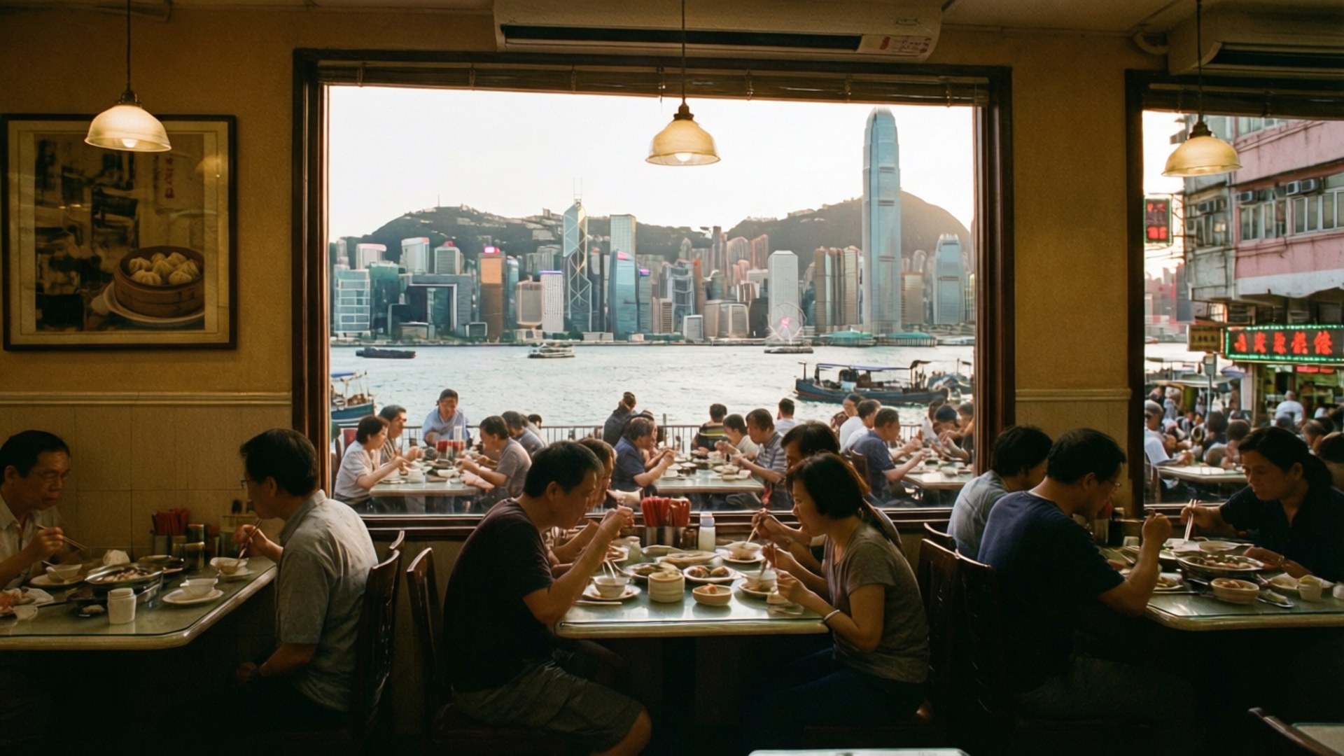 海港景緻點心 壁紙 — 顧客在繁忙的香港餐廳內用餐，透過大窗戶可欣賞海港和天際線的全景。