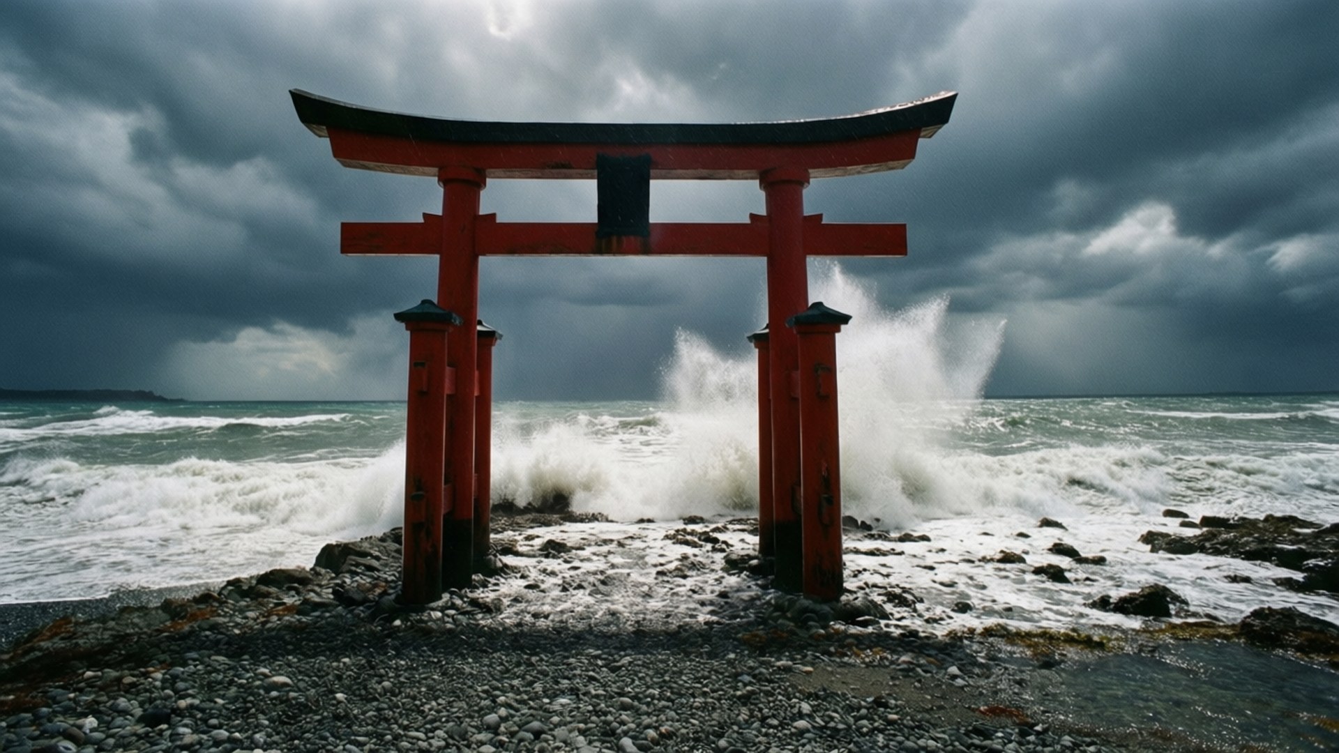 紅色鳥居在暴風雨天空下抵禦海浪衝擊，位於岩石海岸