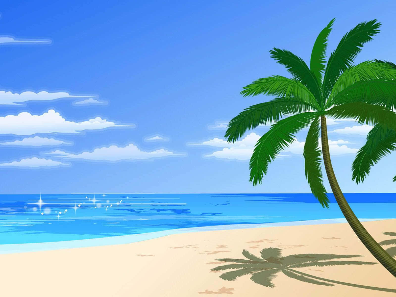 海灘一日遊 壁紙 — 充滿活力的卡通海灘場景，一棵棕櫚樹在金色沙灘上投下陰影，旁邊是閃閃發光的碧綠海洋，上方是晴朗的藍天和蓬鬆的白雲。