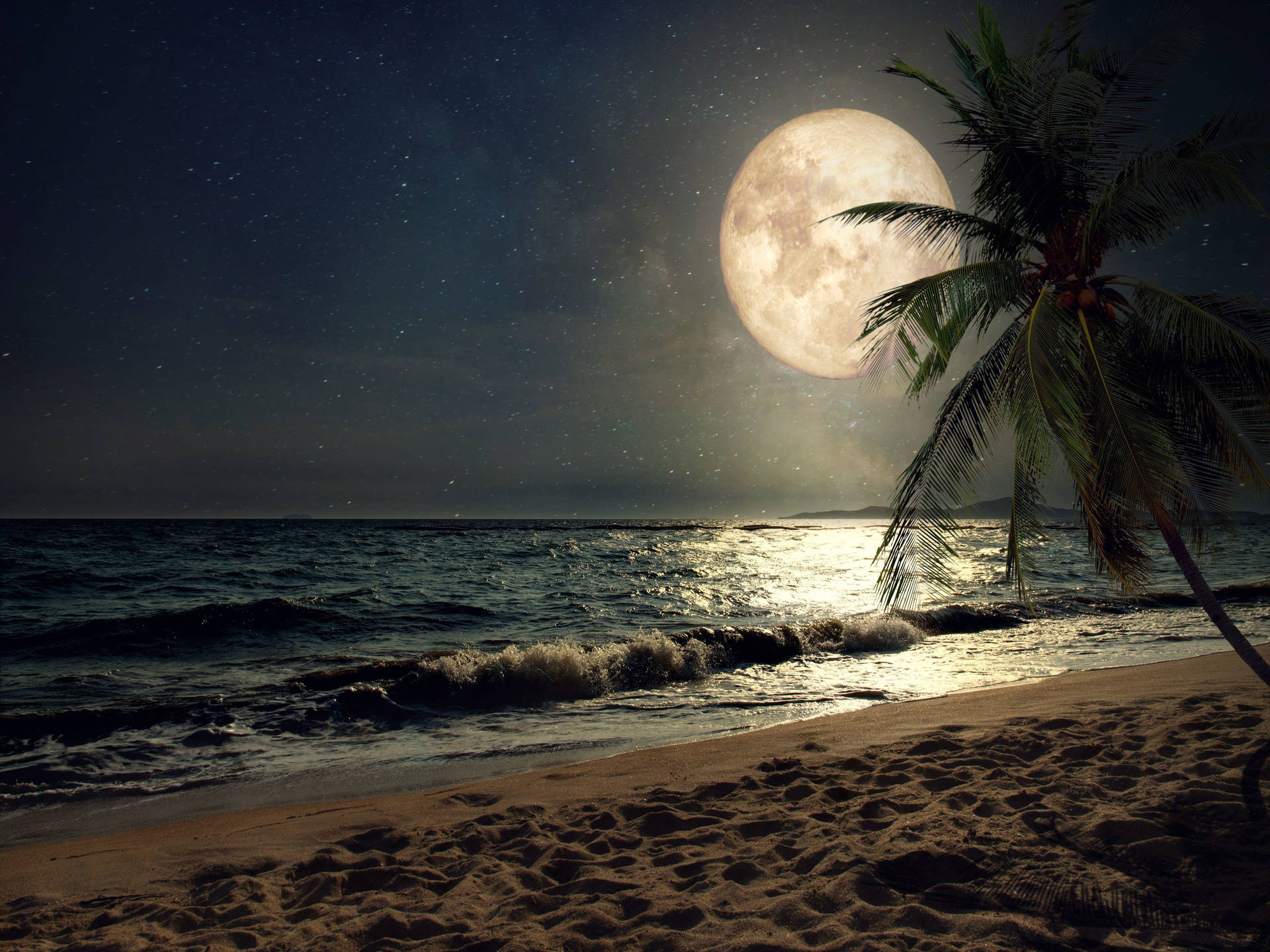 海灘上的美麗月亮 壁紙 — 寧靜的熱帶夜晚海灘，巨大的發光月亮在星空下照亮海浪和沙灘。